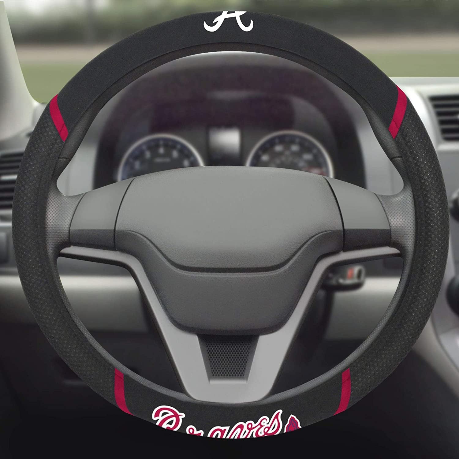 Atlanta Braves Steering Wheel Cover Premium Embroidered Black 15 Inch