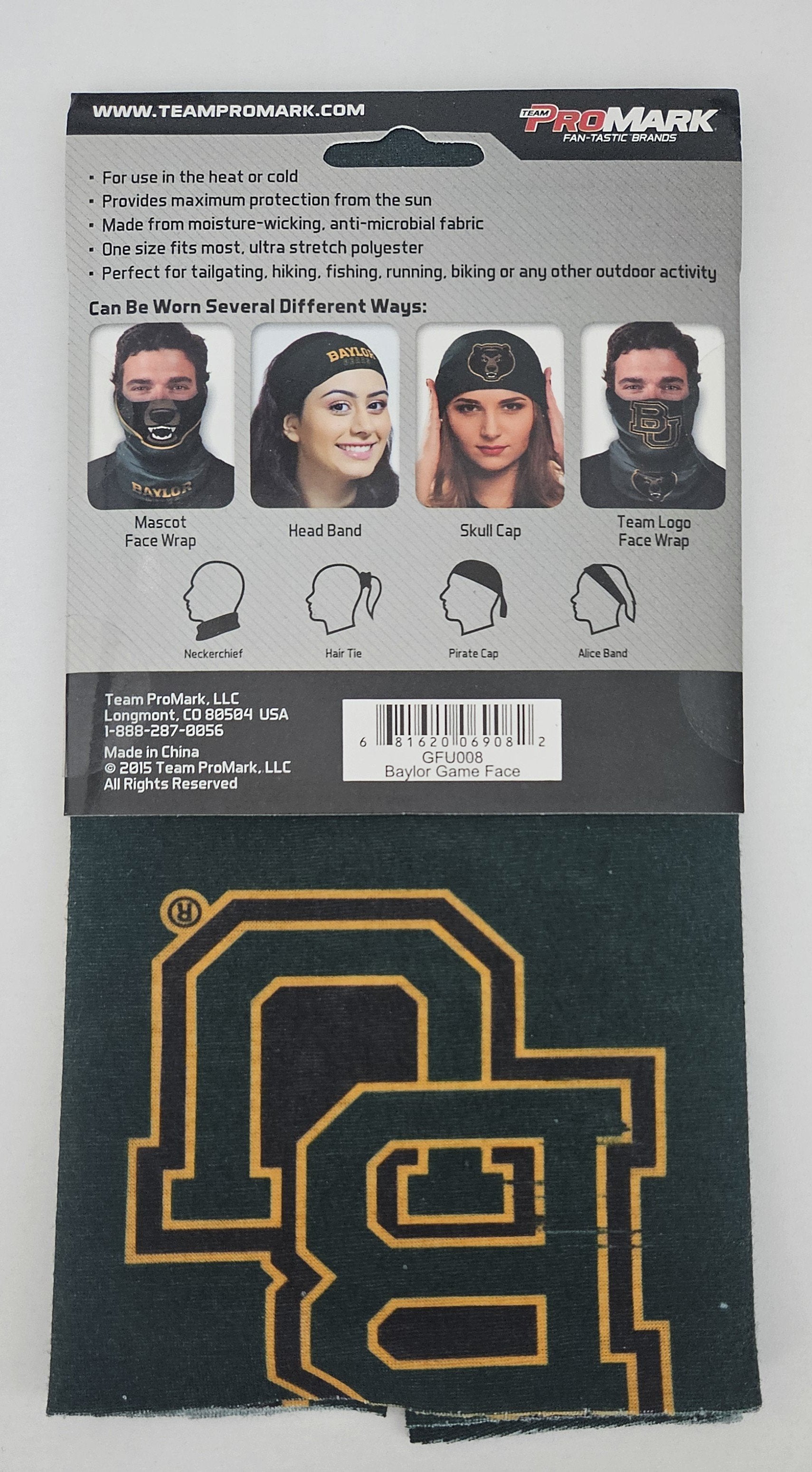 Baylor University Bears Game Face Wrap Neck Gaiter, Moisture Wick, Anti-Microbial, Officially Licensed