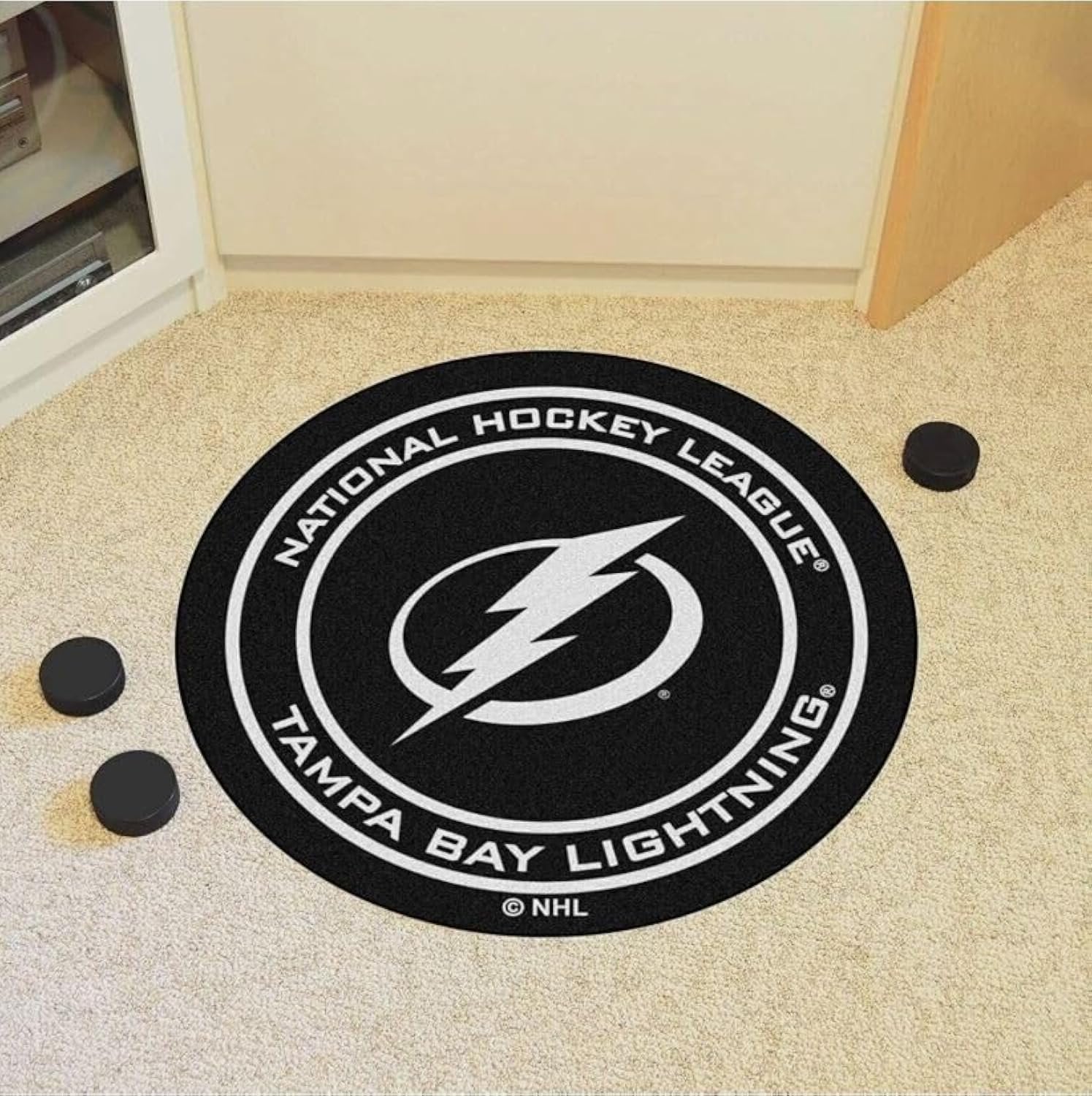 Tampa Bay Lightning Floor Mat Area Rug, 27 Inch Round, Puck Design, Nylon, Anti-Skid Backing, Officially Licensed