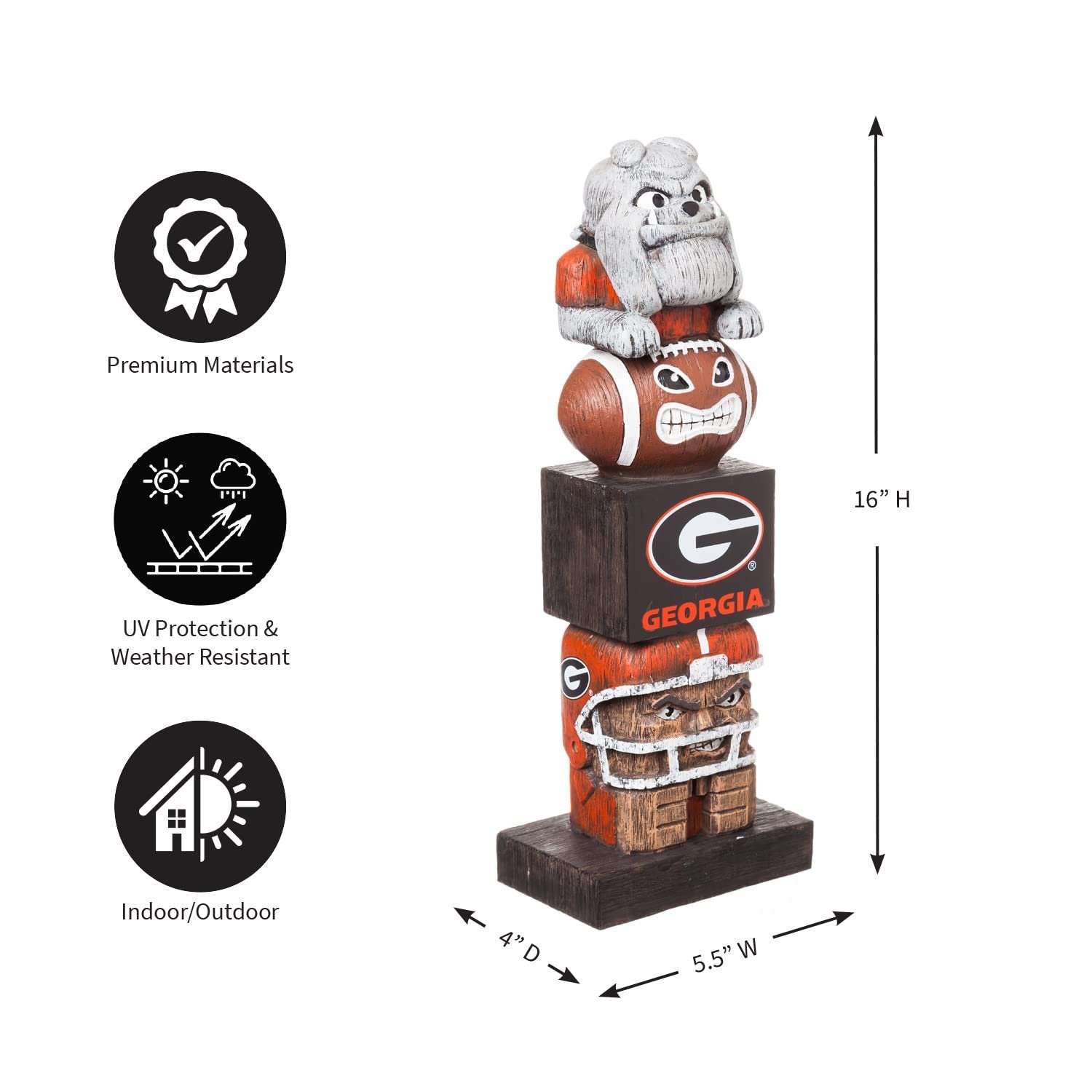 University of Georgia Bulldogs Tiki Totem Garden Statue, Hand Painted Resin, 16 Inch, Indoor Outdoor Decor, Officially Licensed