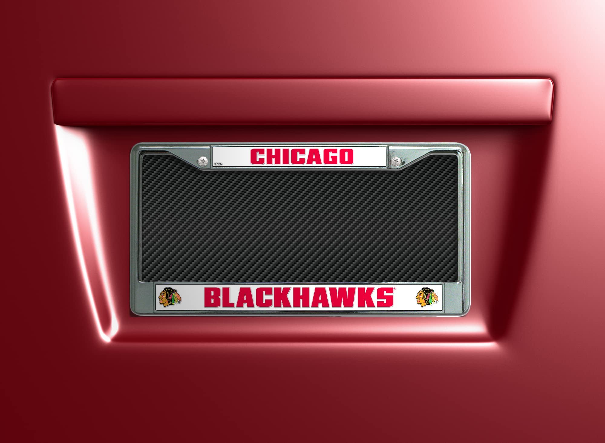 Chicago Blackhawks Premium Metal License Plate Frame Tag Cover, Standard Design, 12x6 inch, Pre-Drilled Holes, Officially Licensed