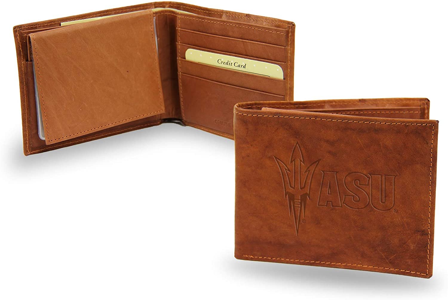 Arizona State University Sun Devils Premium Brown Leather Wallet, Bifold Billfold, Embossed Laser Engraved