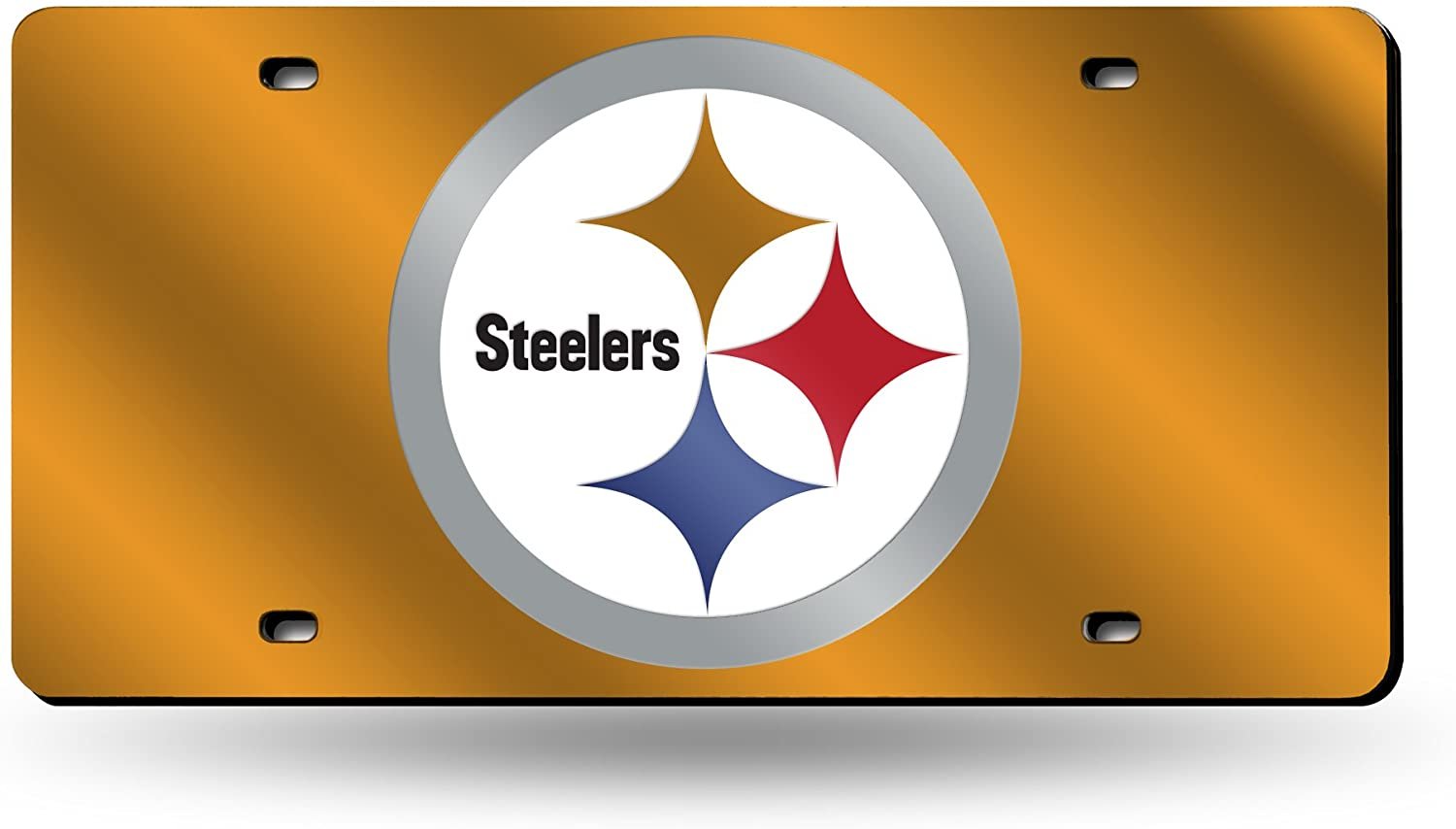Pittsburgh Steelers Premium Laser Cut Tag License Plate, Yellow Logo, Mirrored Acrylic Inlaid, 12x6 Inch