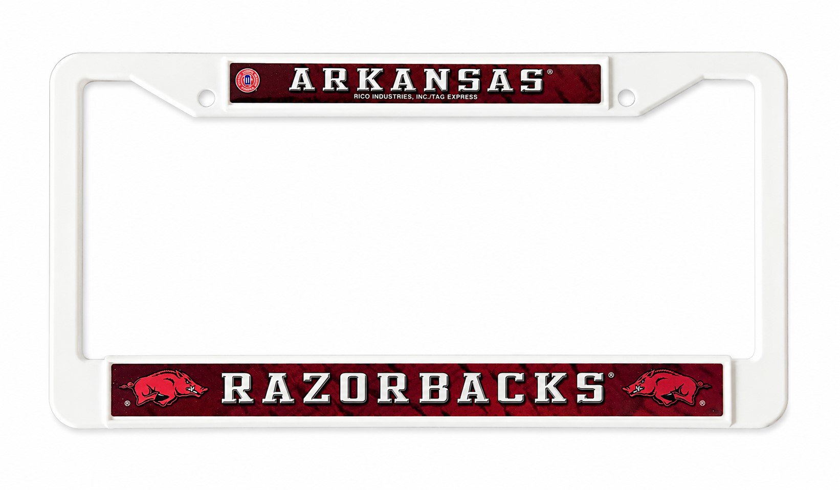 University of Arkansas Razorbacks License Plate Frame Tag Cover, White Plastic, 12x6 Inch, Pre-Drilled Holes, Officially Licensed