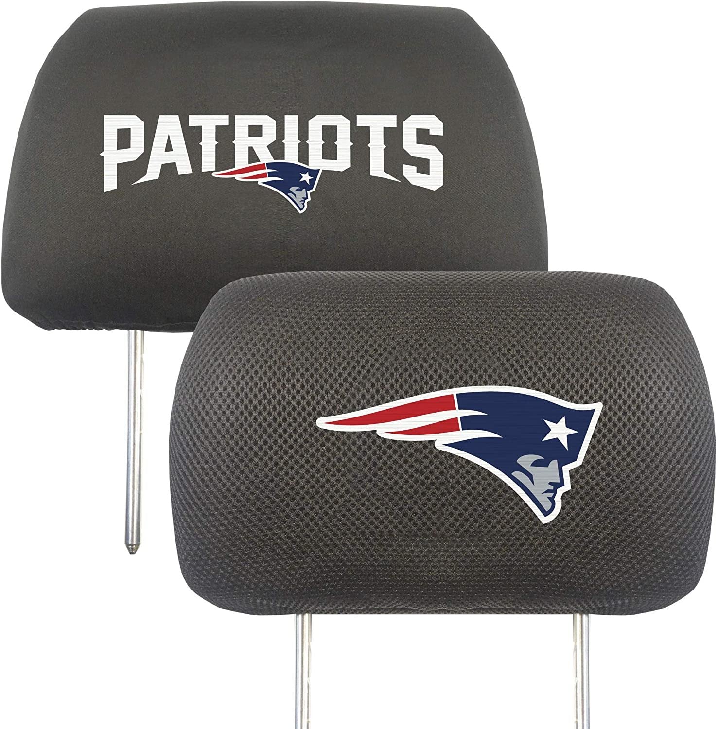 New England Patriots Pair of Premium Auto Head Rest Covers, Embroidered, Black Elastic, 14x10 Inch
