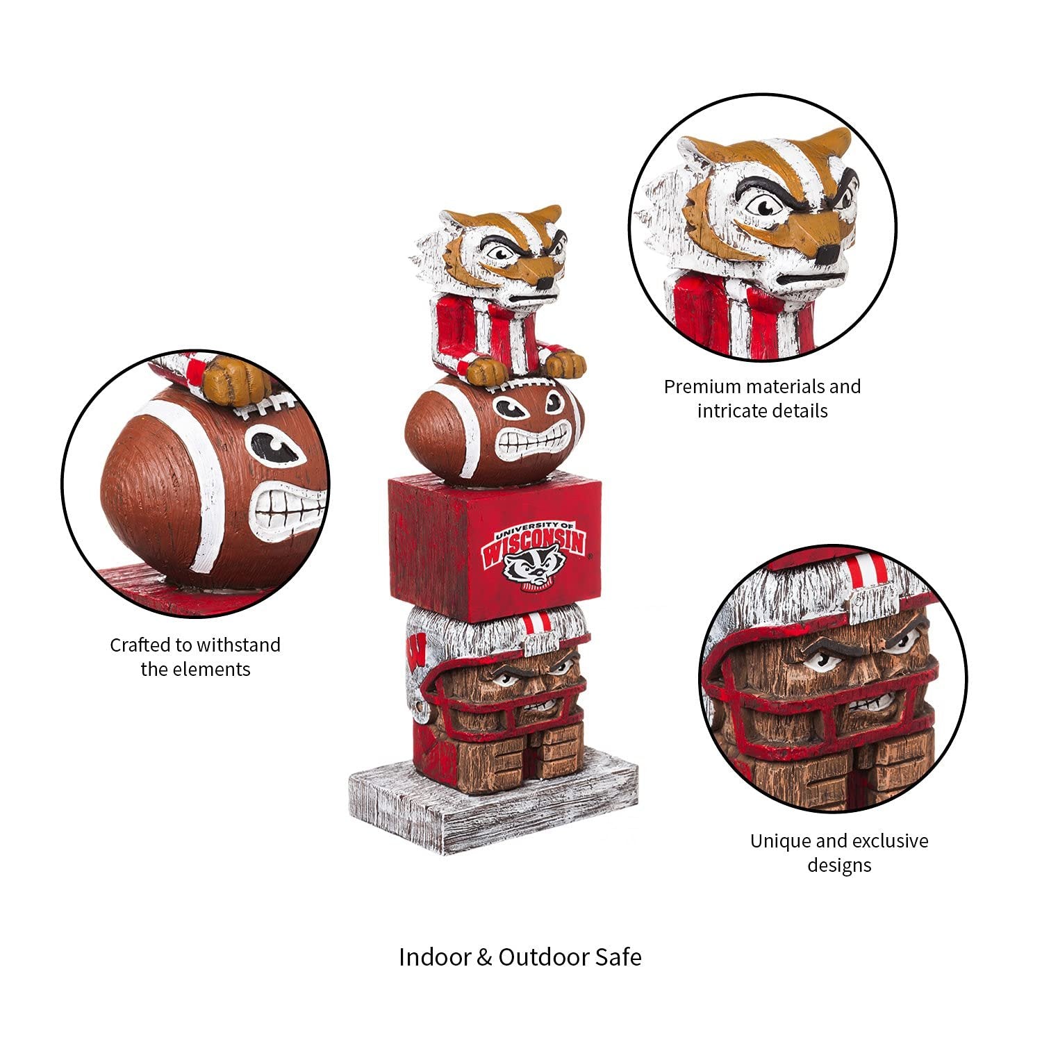 University of Wisconsin Badgers Tiki Totem Garden Statue, Hand Painted Resin, 16 Inch, Indoor Outdoor Decor, Officially Licensed