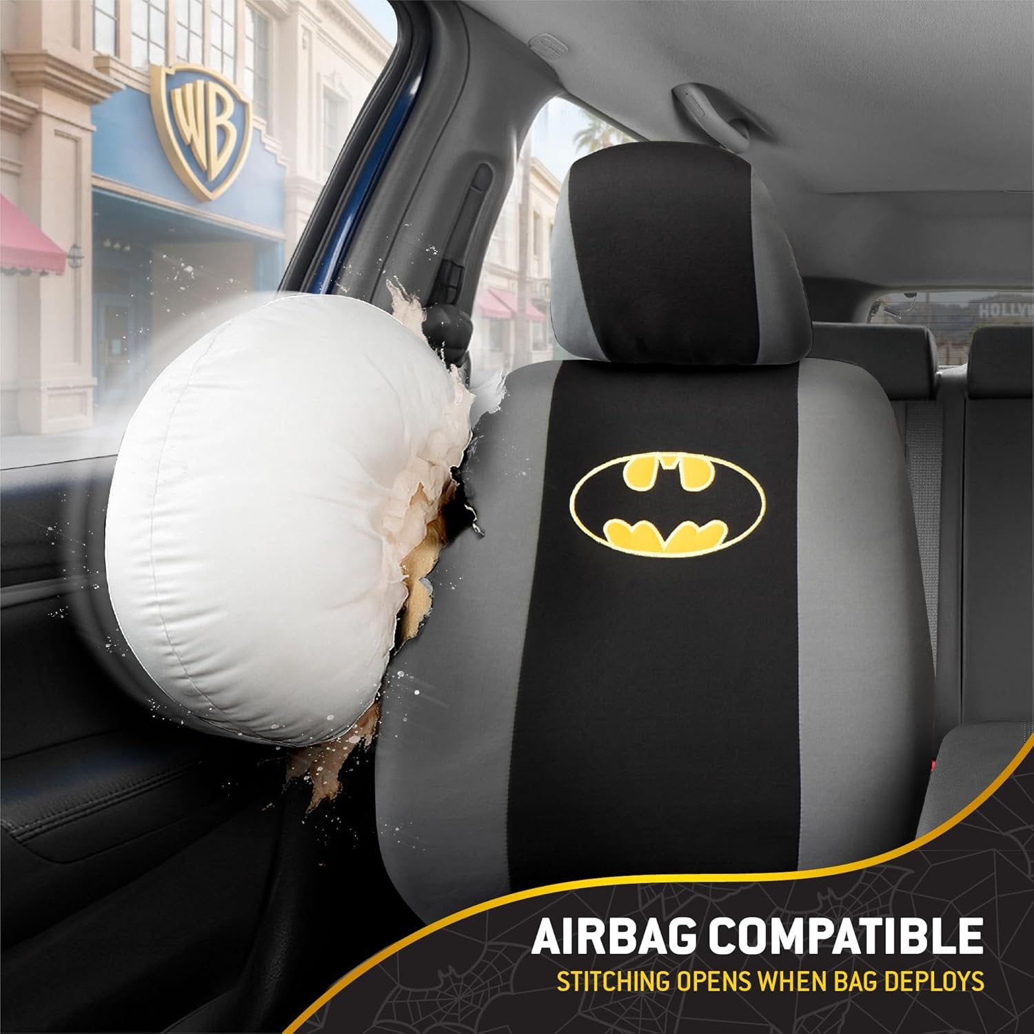 Warner Bros DC Comics Batman Car Accessories 9pc Set, Universal Fit Car Seat Covers and Head Rests with Side Airbag Compatibility, Front & Rear Seats, Officially Licensed