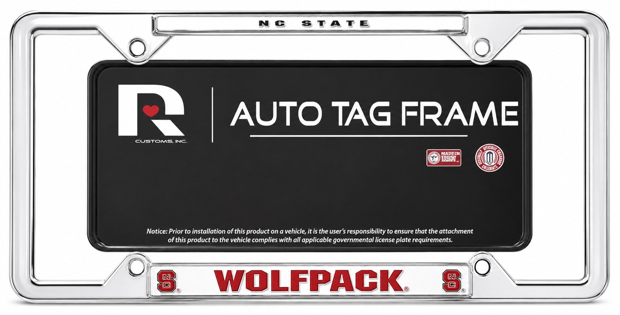 North Carolina State University Wolfpack Chrome Tag Cover Metal License Plate Frame, 12x6 Inch, Pre-Drilled Holes, Officially Licensed