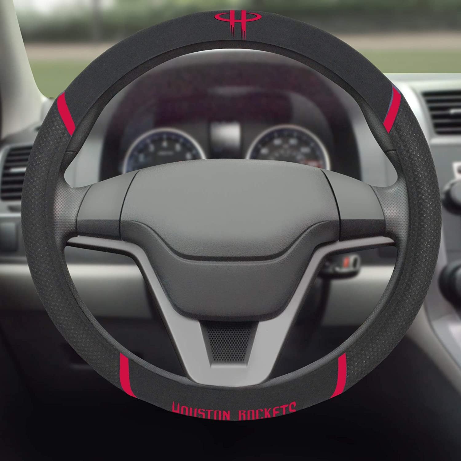 Houston Rockets Steering Wheel Cover Premium Embroidered Black 15 Inch
