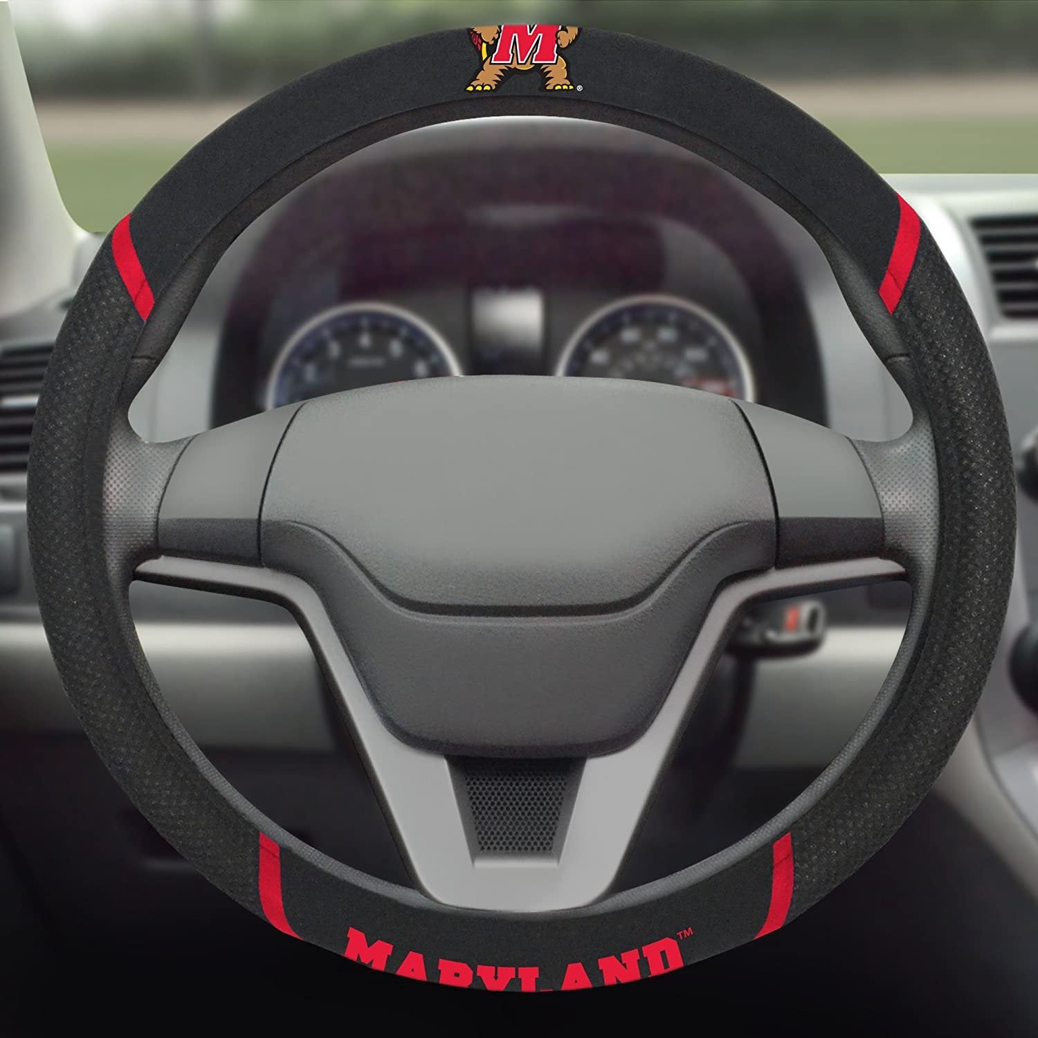 Maryland Terrapins Steering Wheel Cover Premium Embroidered Black 15 Inch University of