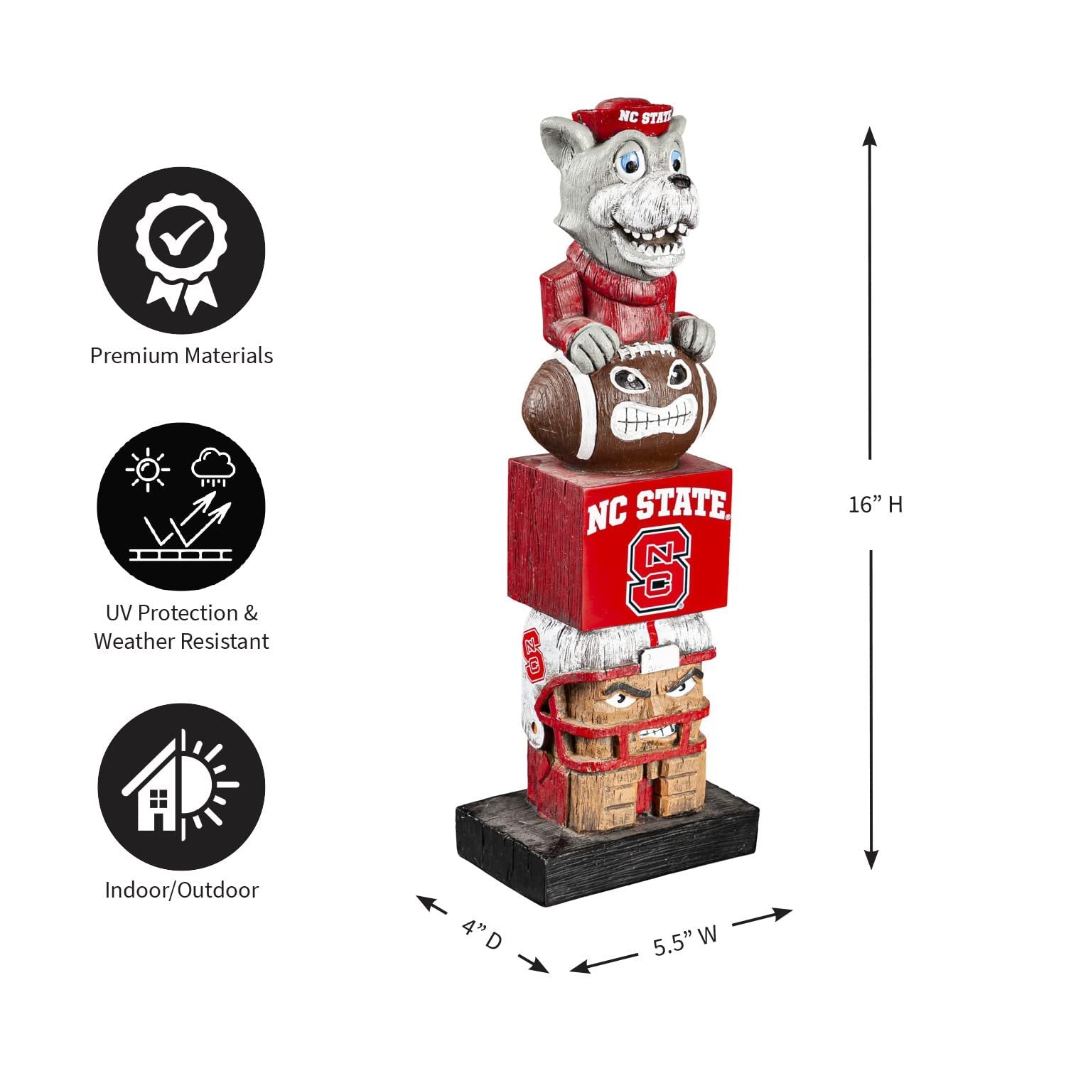 North Carolina State University Wolfpack Tiki Totem Garden Statue, Hand Painted Resin, 16 Inch, Indoor Outdoor Decor, Officially Licensed