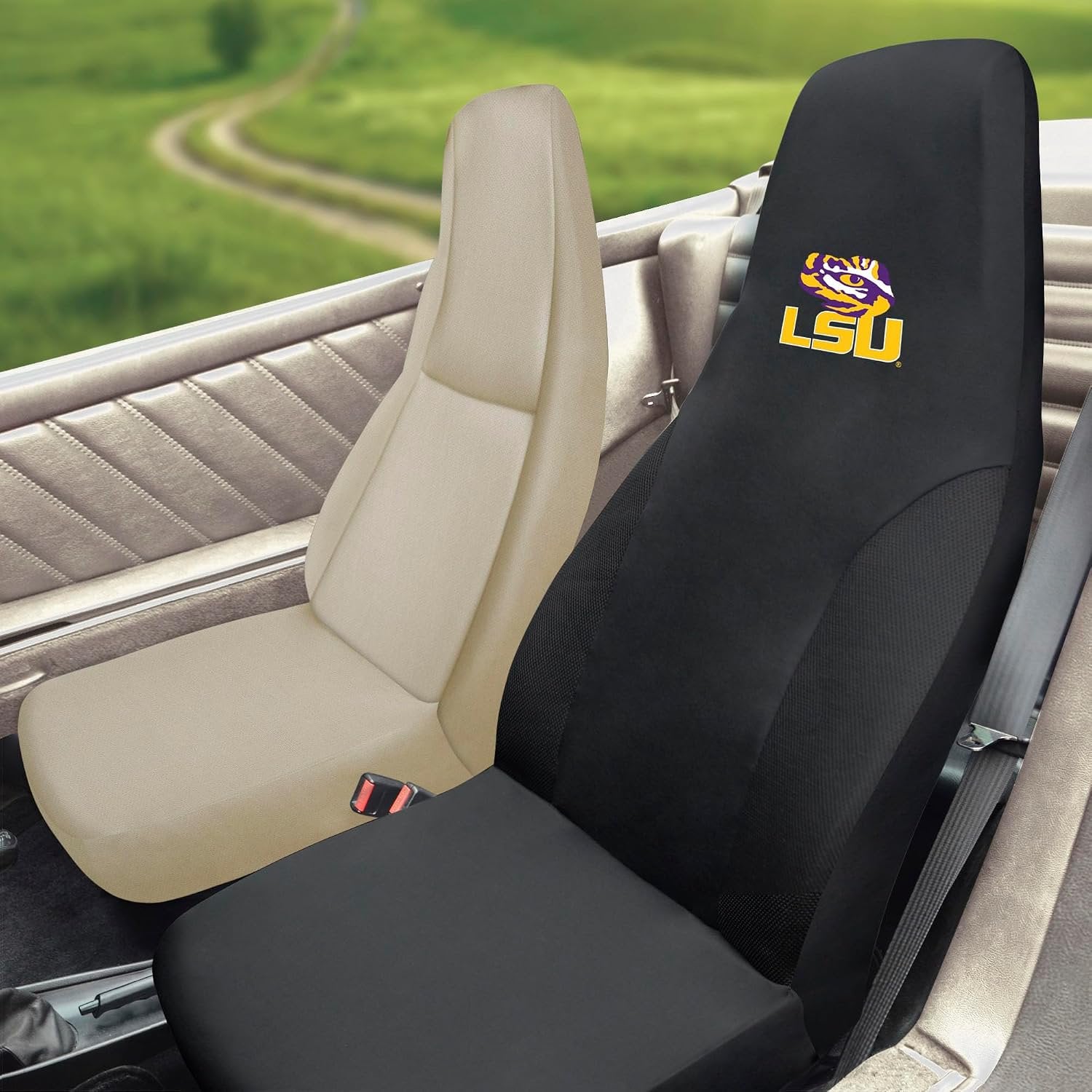 Louisiana State University Tigers LSU Premium Embroidered Black Auto Bucket Seat Cover, 48x20 Inch, Elastic