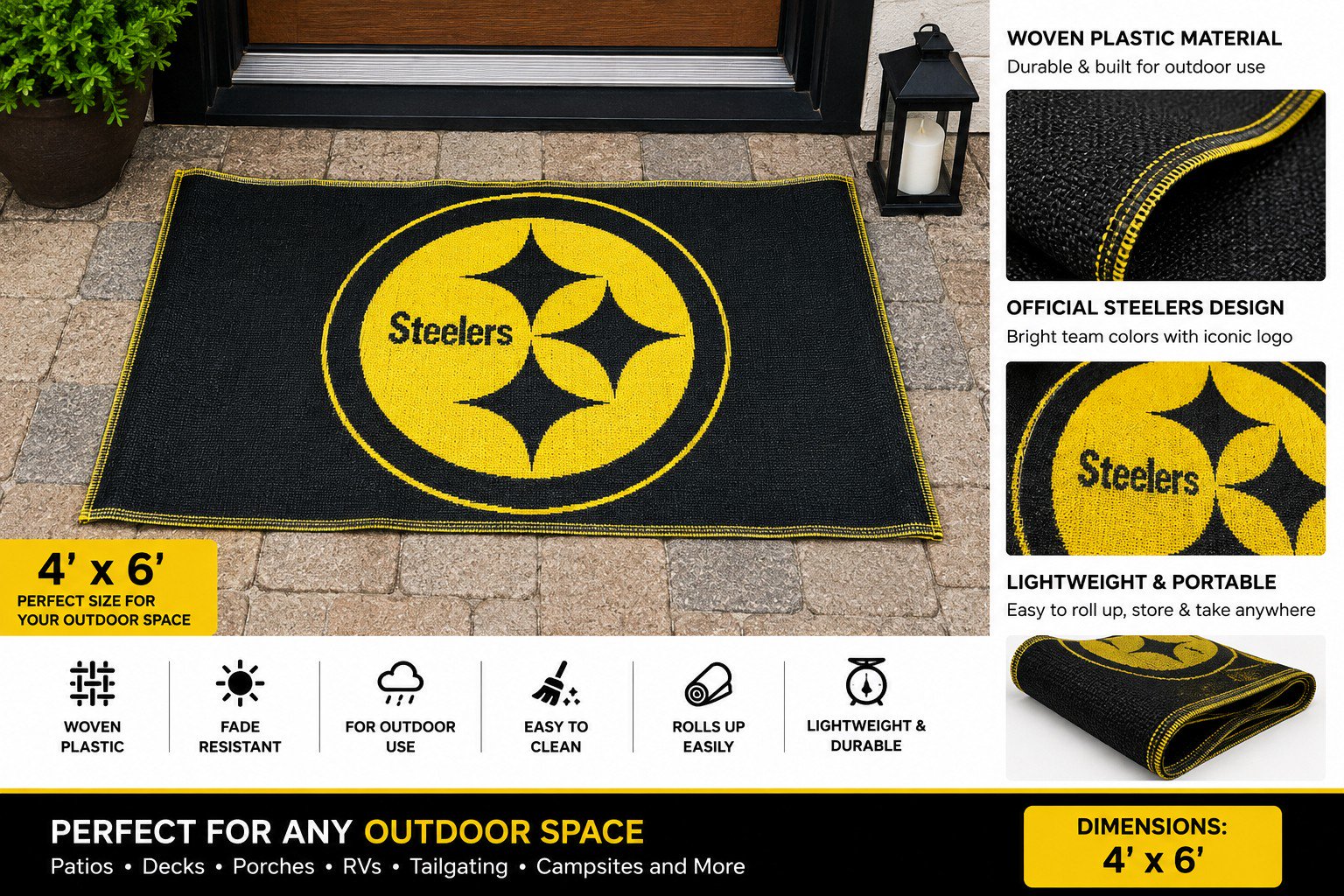 Pittsburgh Steelers 4x6 Feet Outdoor Mat Rug, Perfect for Tailgating, Picnic, Man Cave, Officially Licensed