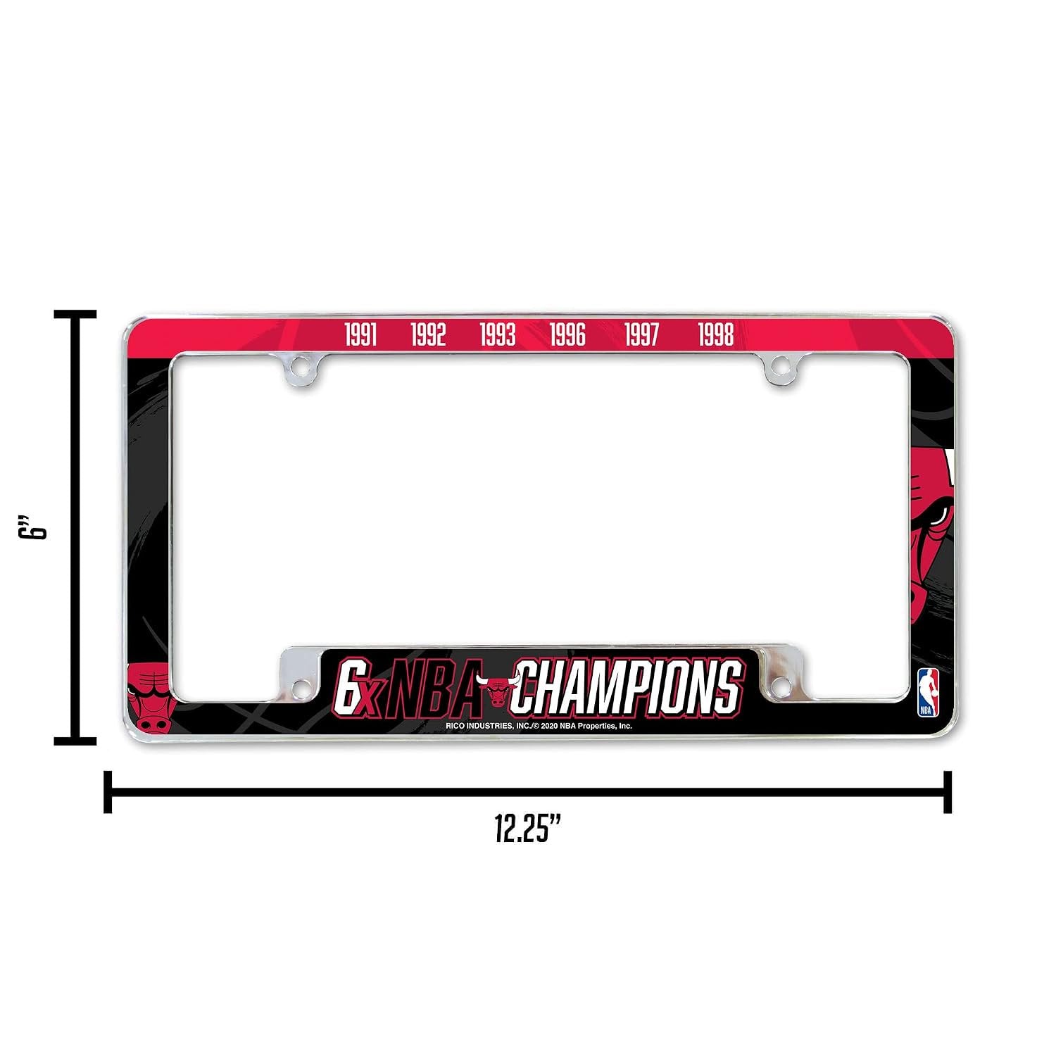 Chicago Bulls 6-Time Champions Premium Metal License Plate Frame Tag Cover, All Over Design, 12x6 inch, Pre-Drilled Holes, Officially Licensed