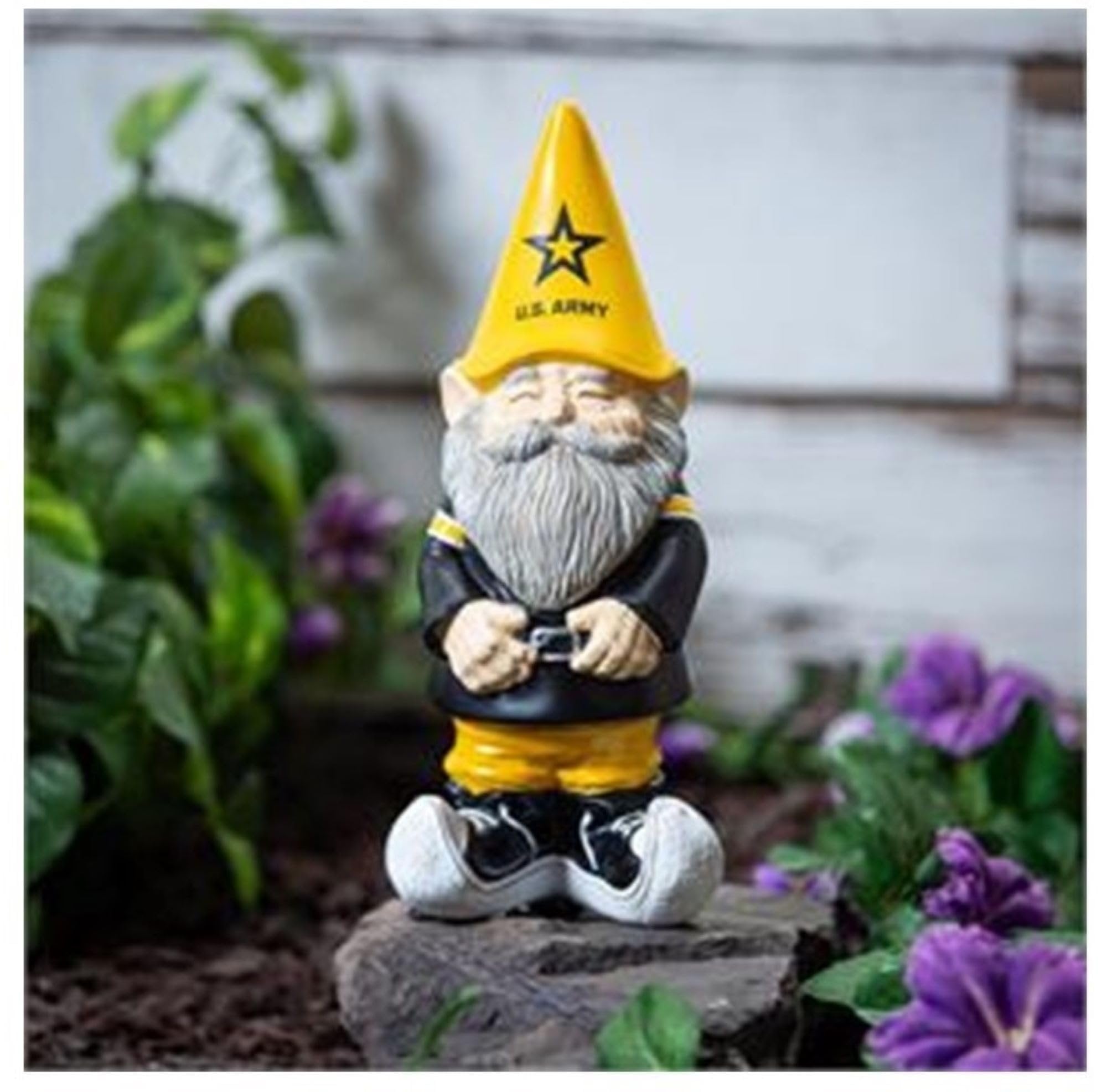 U.S. Army Garden Gnome, 11 Inch Resin Statue, Indoor Outdoor Military Decor with Yellow Hat, Black Uniform