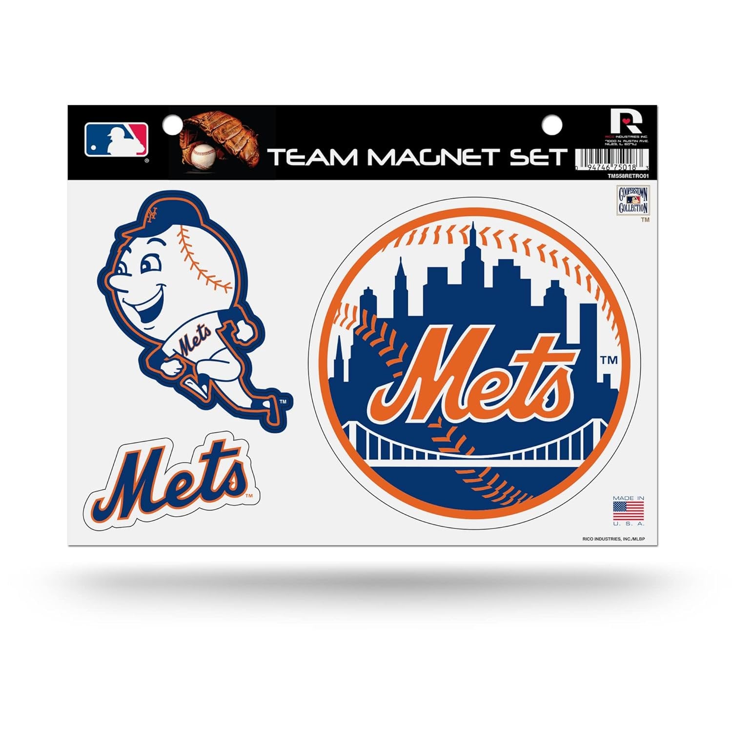 New York Mets Cooperstown Retro Team Magnet Set, 3-Piece, Die Cut, 8.5x11 Inch, Officially Licensed