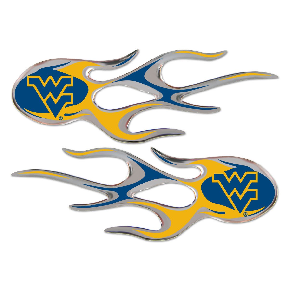 West Virginia University Mountaineers 2-Piece Sticker Decal Set, Micro Flame Design, Drip Molded Raised Plastic Construction, 5x2 Inch each, Officially Licensed, Made in the USA
