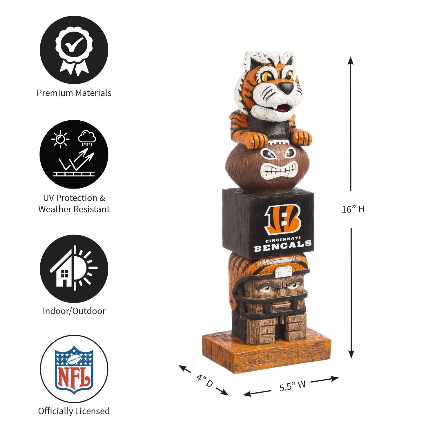 Cincinnati Bengals Tiki Totem Garden Statue, Hand Painted Resin, 16 Inch, Indoor Outdoor Decor, Officially Licensed