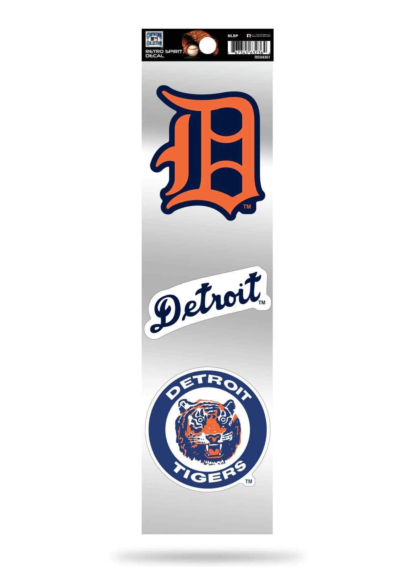Detroit Tigers 3-Piece Retro Logo Decal Sticker Sheet, Die Cut, Clear Backing, 3x12 Inch, Officially Licensed