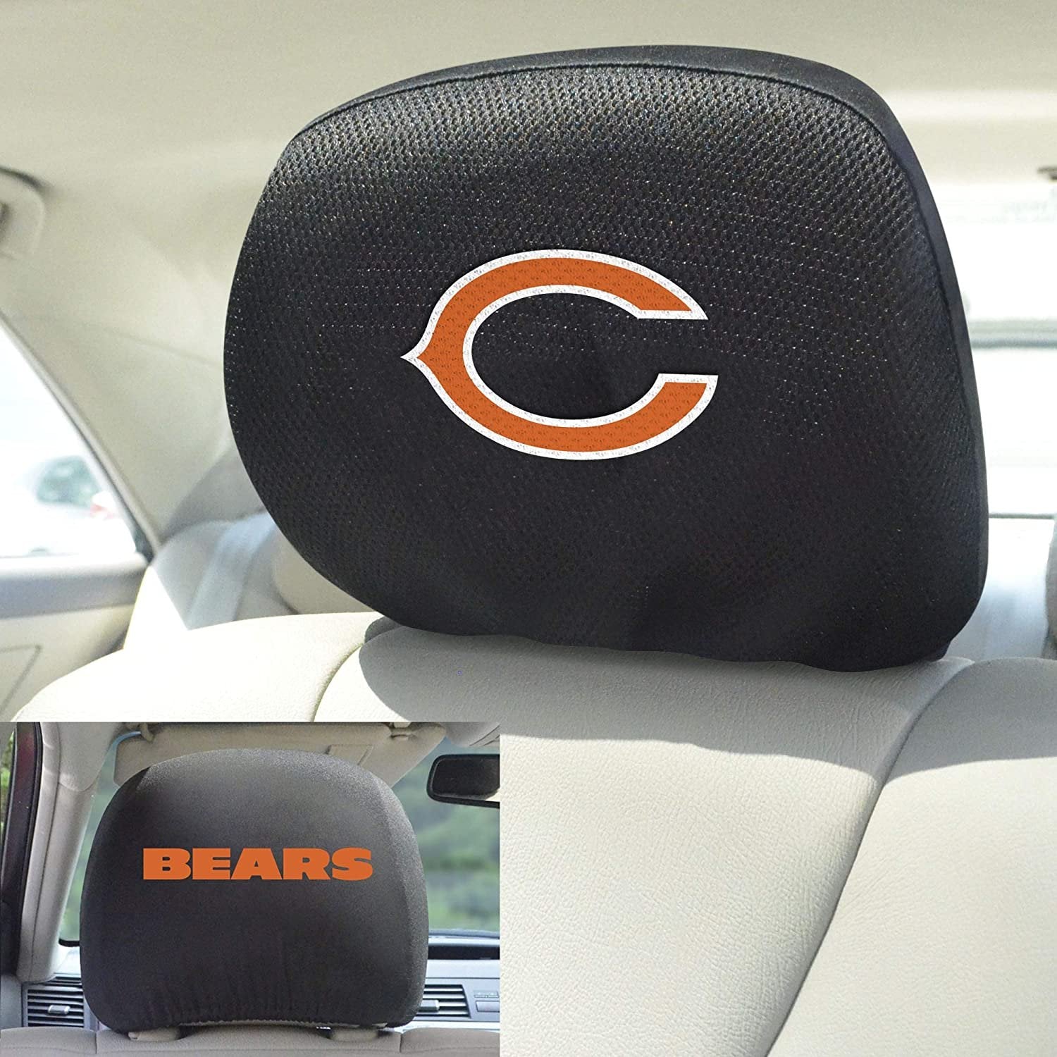 Chicago Bears Pair of Premium Auto Head Rest Covers, Embroidered, Black Elastic, 14x10 Inch