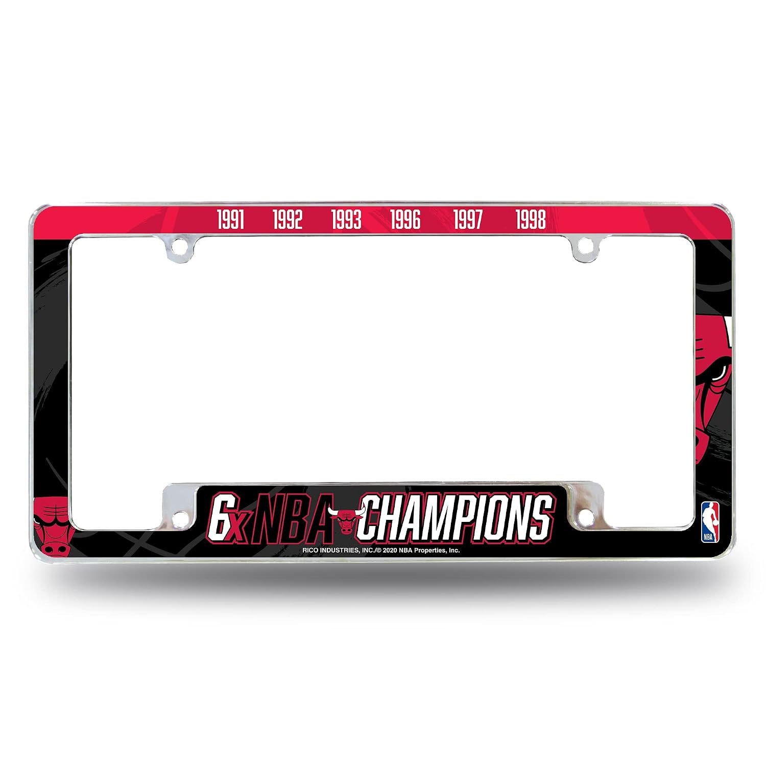 Chicago Bulls 6-Time Champions Premium Metal License Plate Frame Tag Cover, All Over Design, 12x6 inch, Pre-Drilled Holes, Officially Licensed