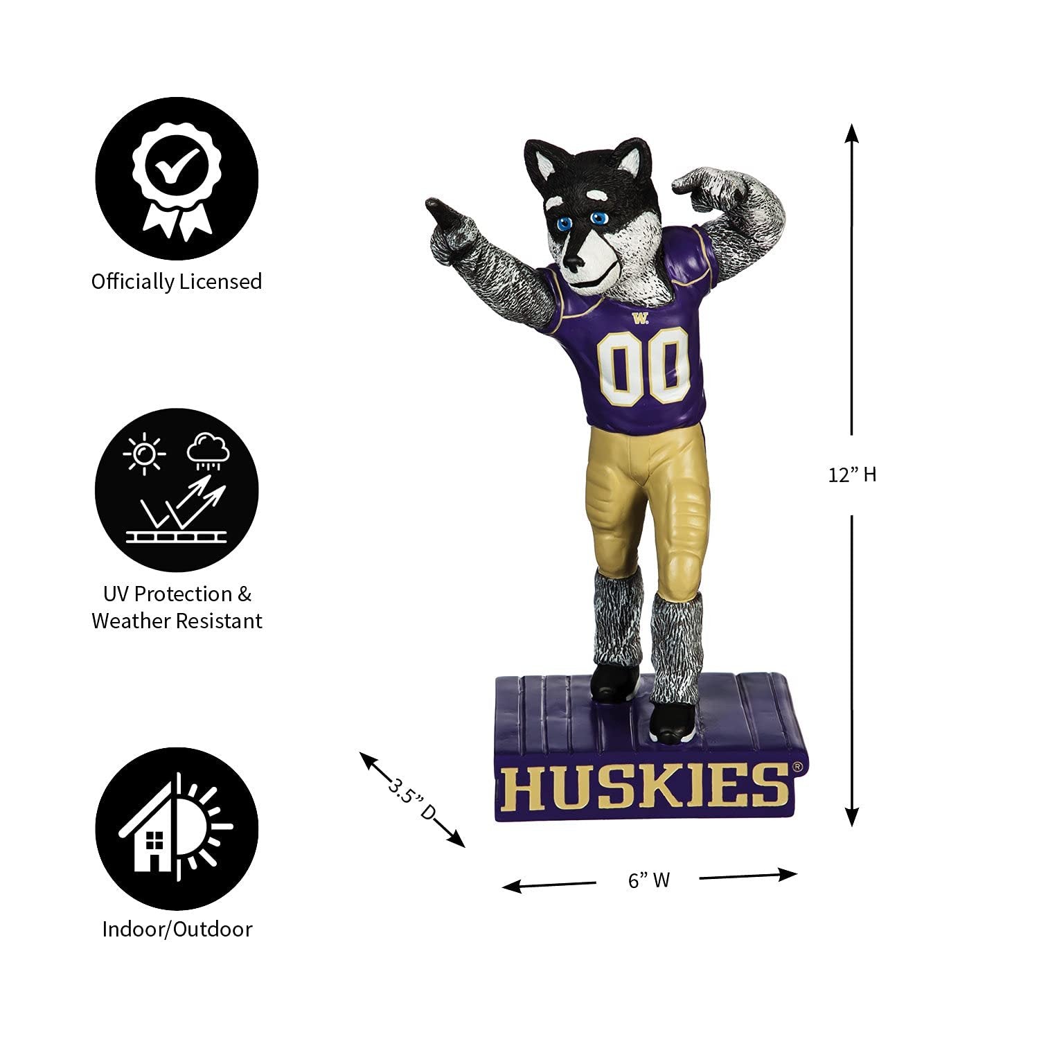 University of Washington Huskies Team Mascot Garden Statue, Hand Painted Resin, 12 Inch, Indoor Outdoor Decorative Sports Mascot, Officially Licensed