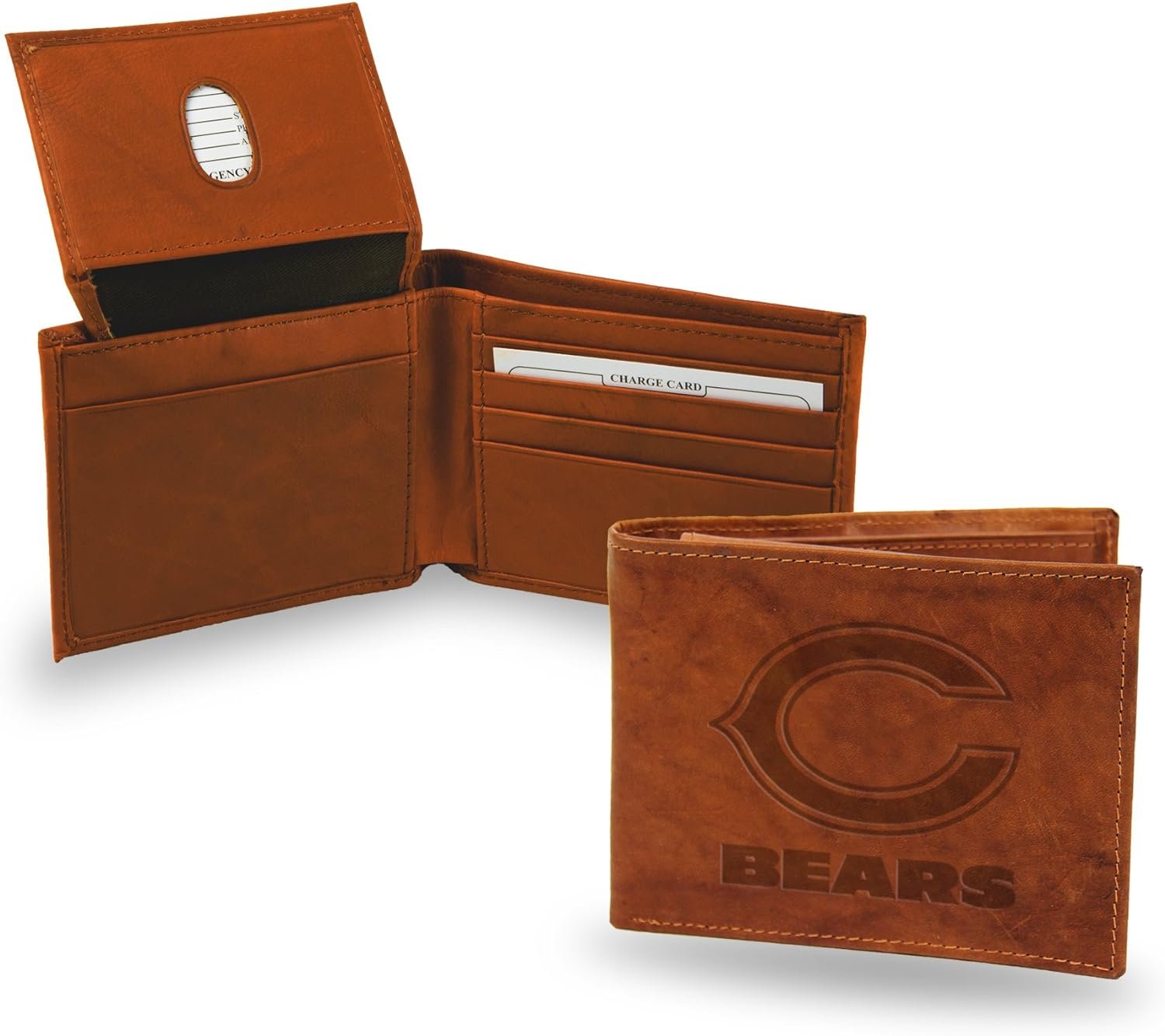 Chicago Bears Premium Brown Leather Wallet, Bifold Billfold, Embossed Laser Engraved