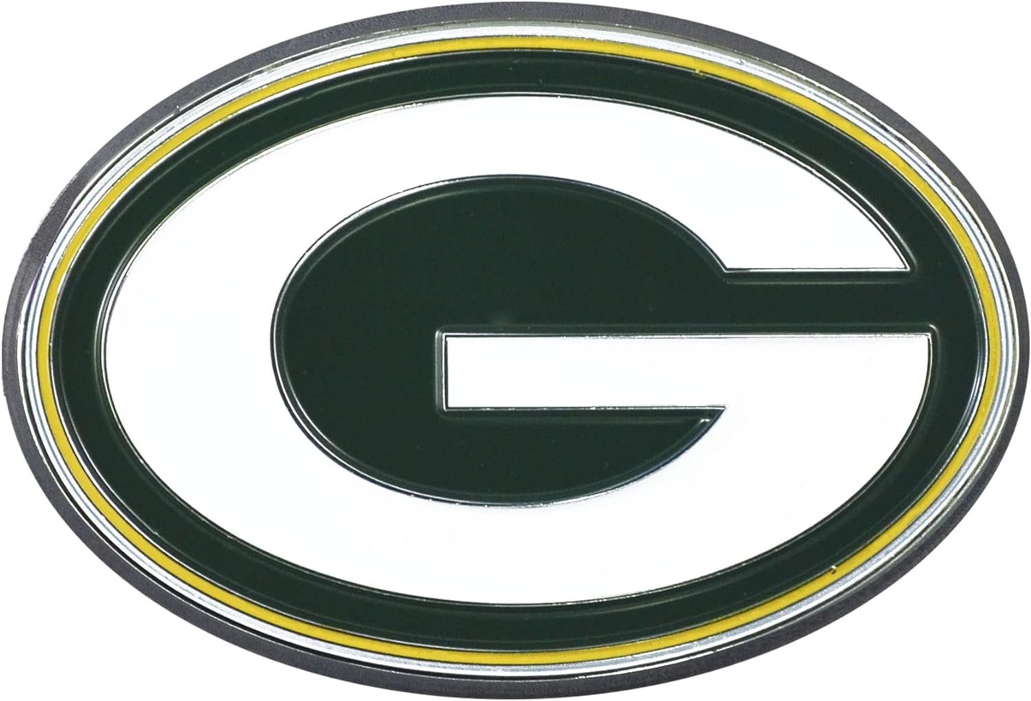 Green Bay Packers Solid Metal Color Auto Emblem, Raised, Adhesive Tape Backing