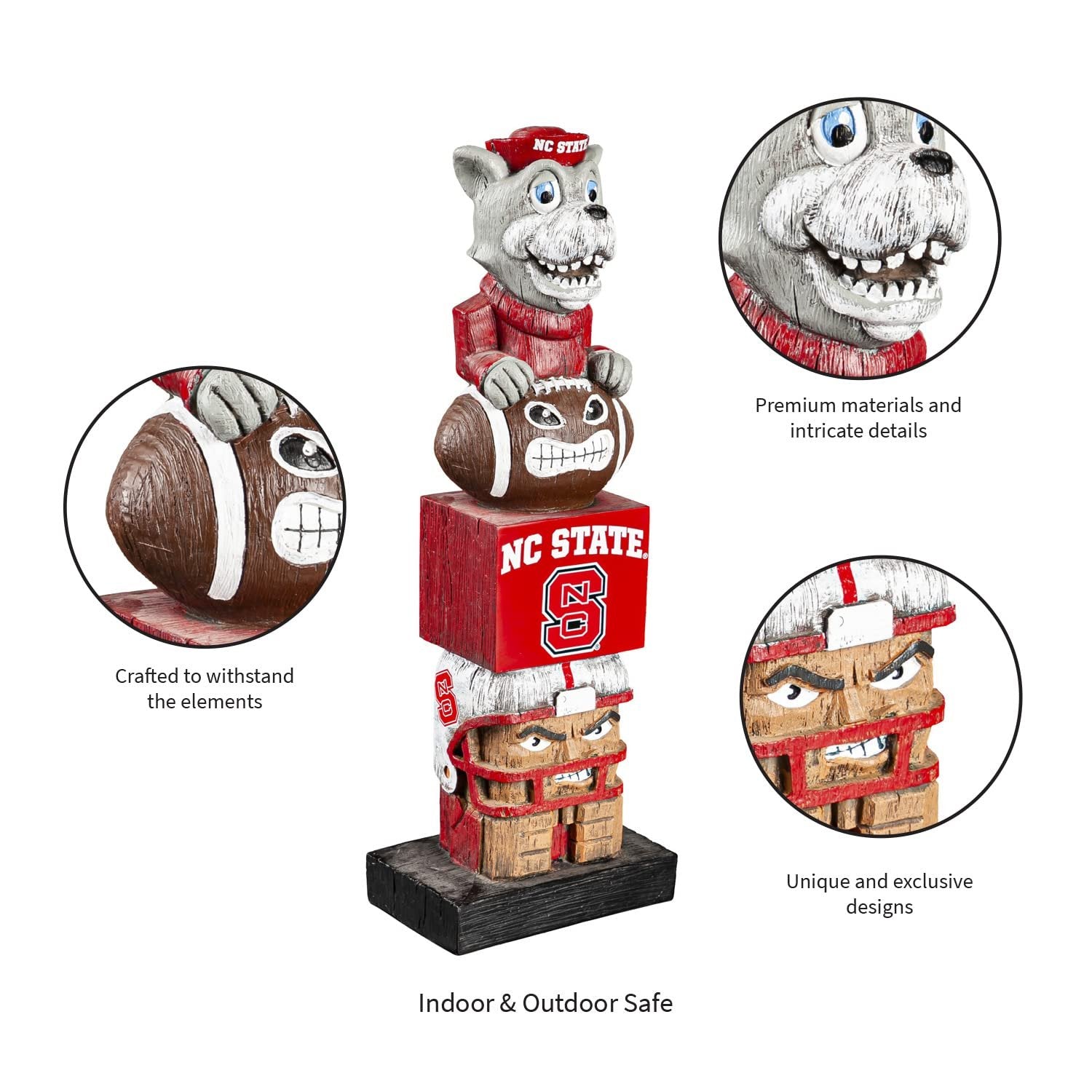 North Carolina State University Wolfpack Tiki Totem Garden Statue, Hand Painted Resin, 16 Inch, Indoor Outdoor Decor, Officially Licensed
