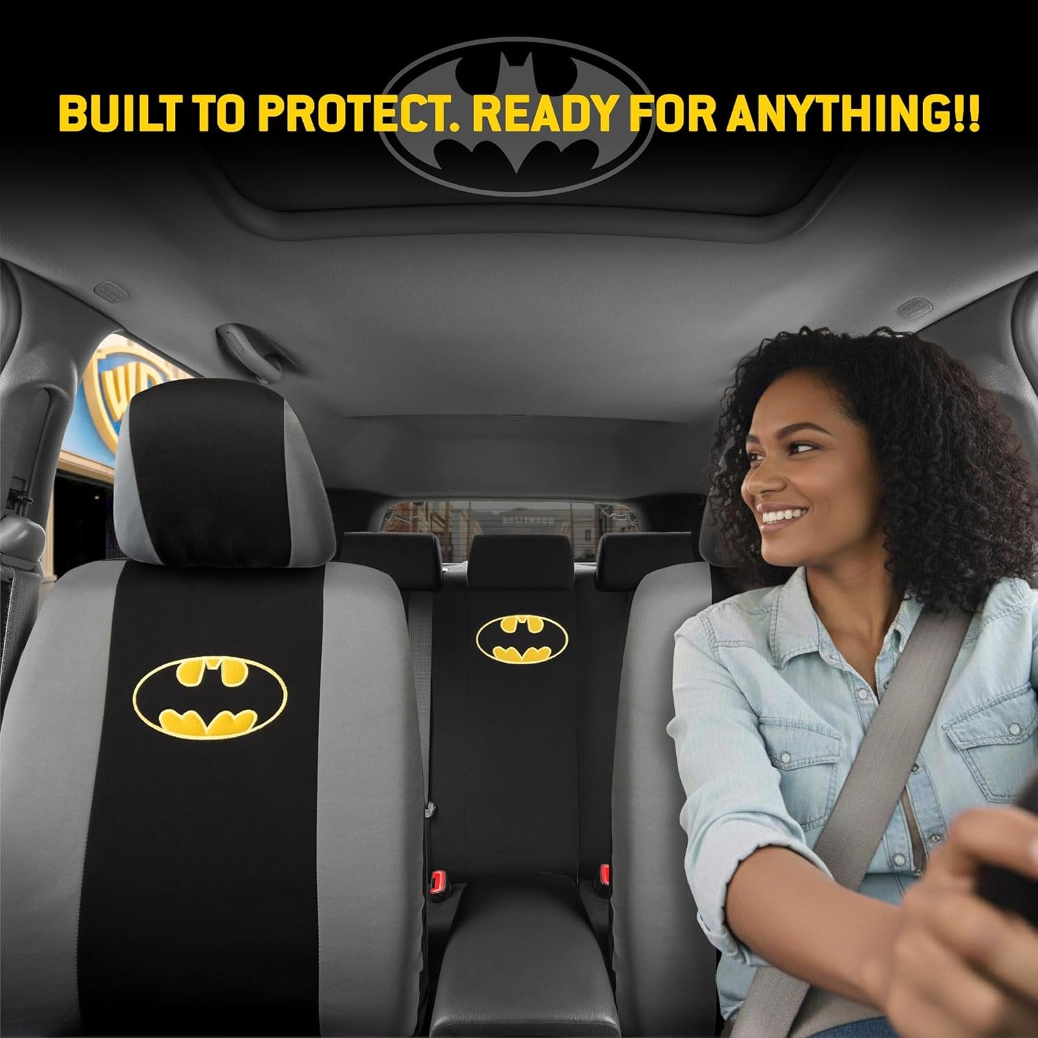 Warner Bros DC Comics Batman Car Accessories 9pc Set, Universal Fit Car Seat Covers and Head Rests with Side Airbag Compatibility, Front & Rear Seats, Officially Licensed