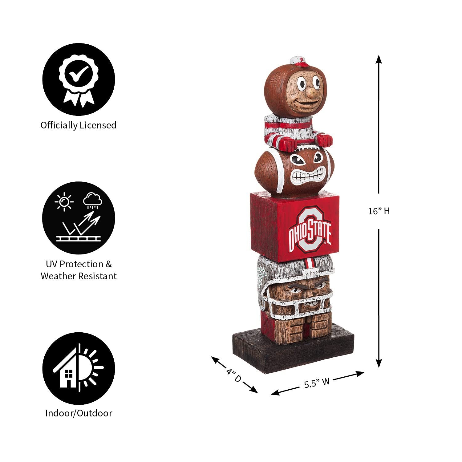 Ohio State University Buckeyes Tiki Totem Garden Statue, Hand Painted Resin, 16 Inch, Indoor Outdoor Decor, Officially Licensed