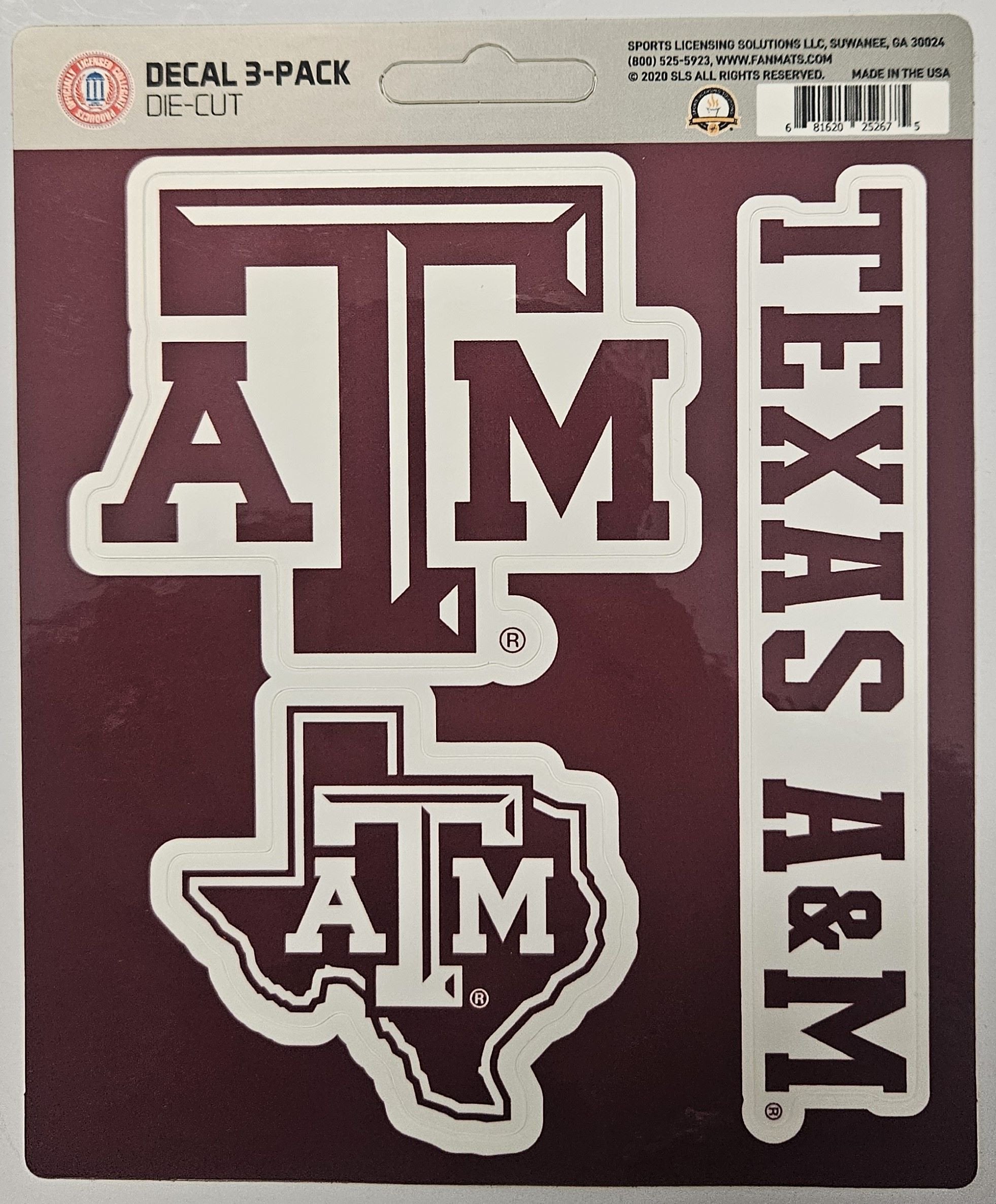 Texas A&M University Aggies 3 Piece Die Cut Decal Triple Sticker Sheet, 5x7 Inch, Peel & Stick Application, Full Adhesive Backing, Officially Licensed