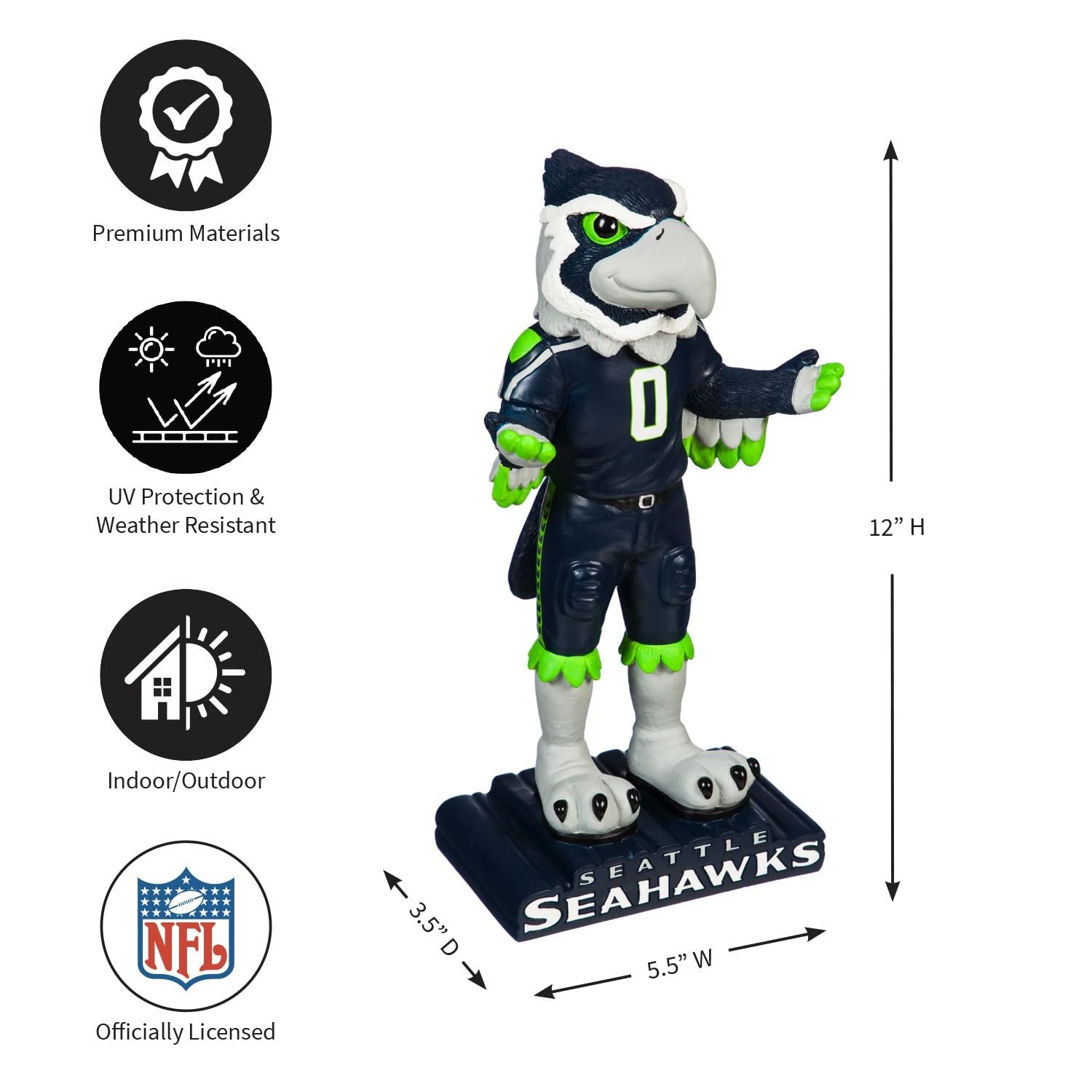 Seattle Seahawks Team Mascot Garden Statue, Hand Painted Resin, 12 Inch, Indoor Outdoor Decorative Sports Mascot, Officially Licensed