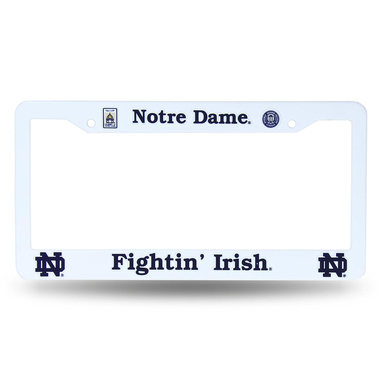 University of Notre Dame Fighting Irish License Plate Frame Tag Cover, White Plastic, 12x6 Inch, Officially Licensed