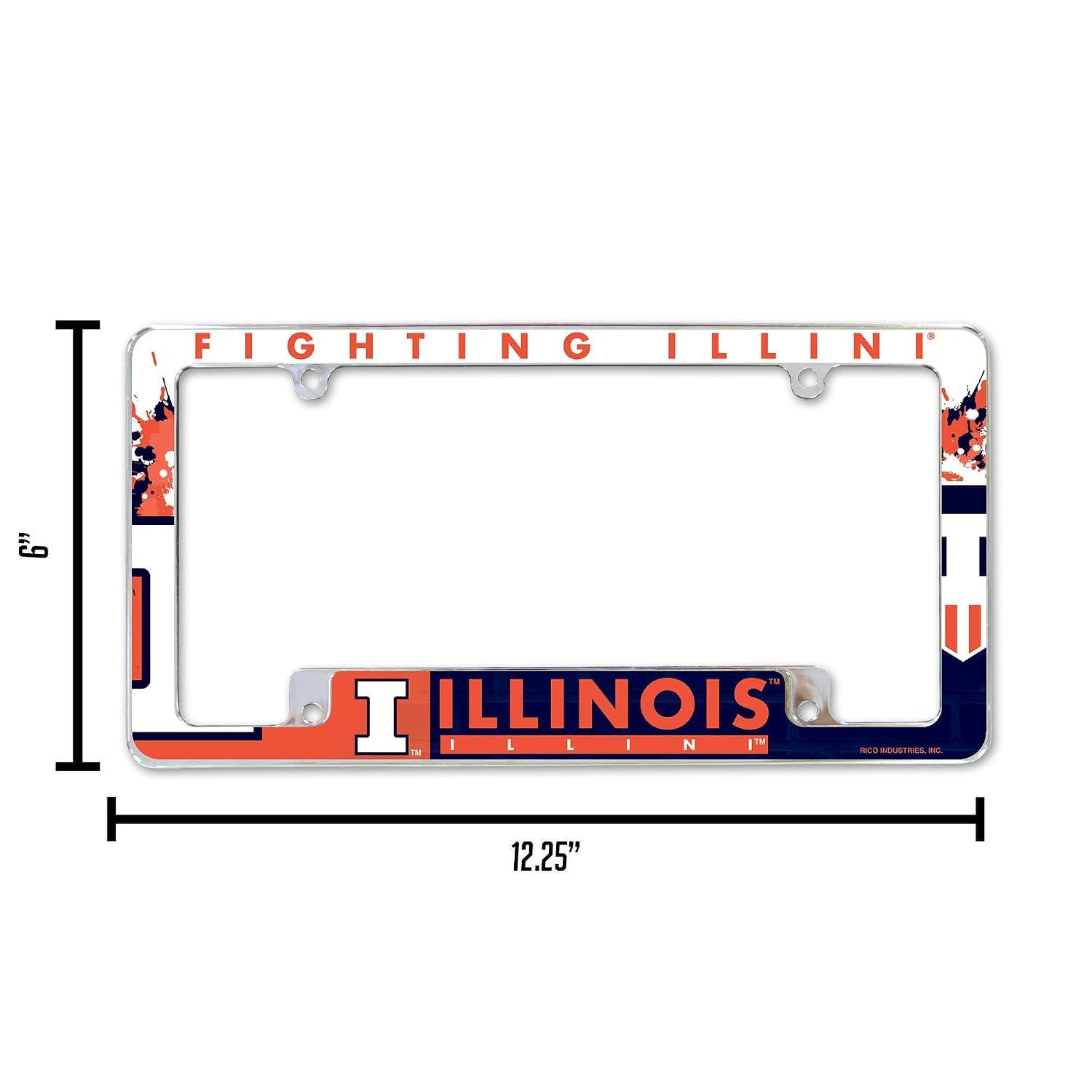 University of Illinois Fighting Illini Chrome Tag Cover Metal License Plate Frame, All Over Design, 12x6 Inch, Pre-Drilled Holes, Officially Licensed