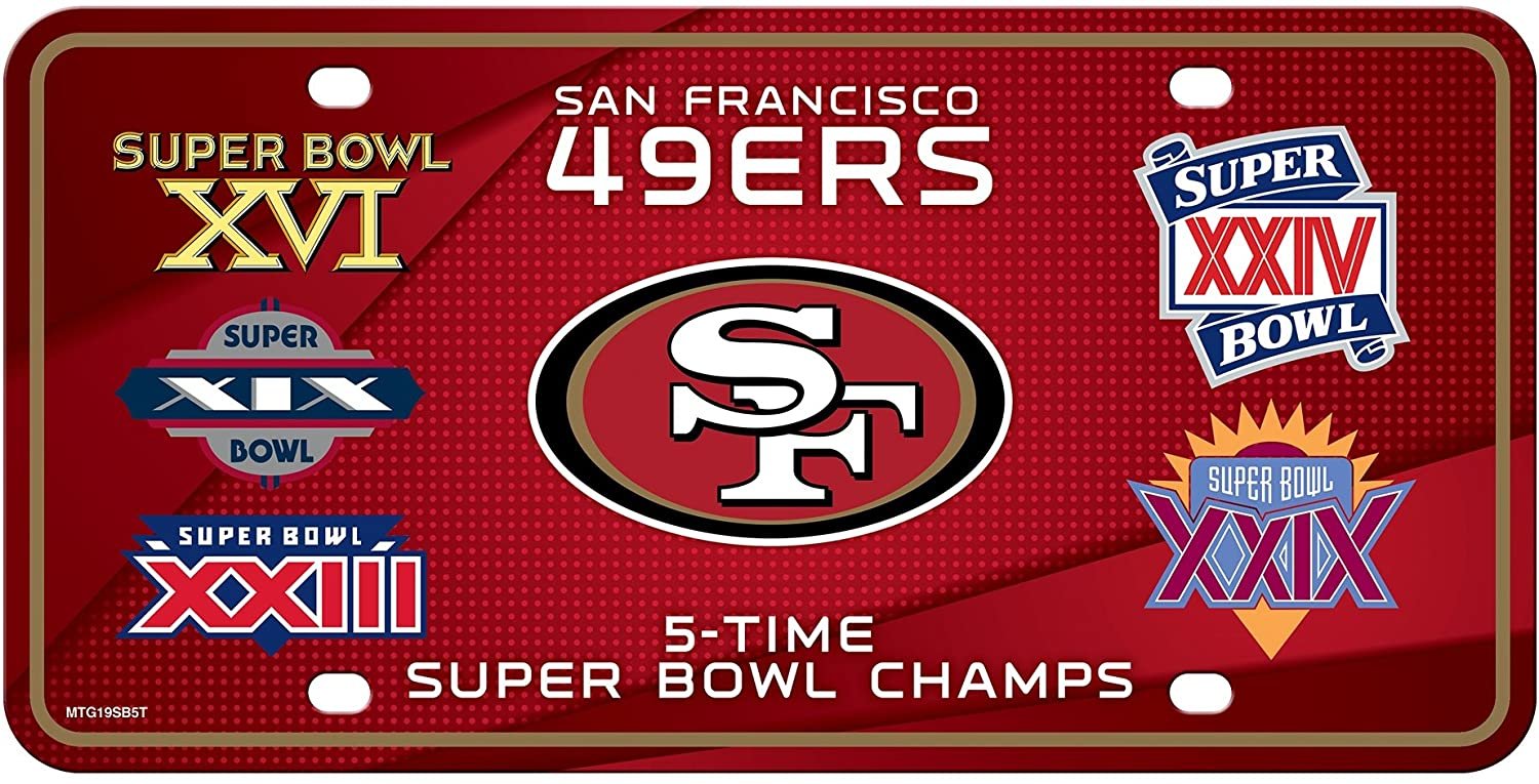 San Francisco 49ers Metal Auto Tag License Plate, 5-Time Super Bowl Champions, 6x12 Inch