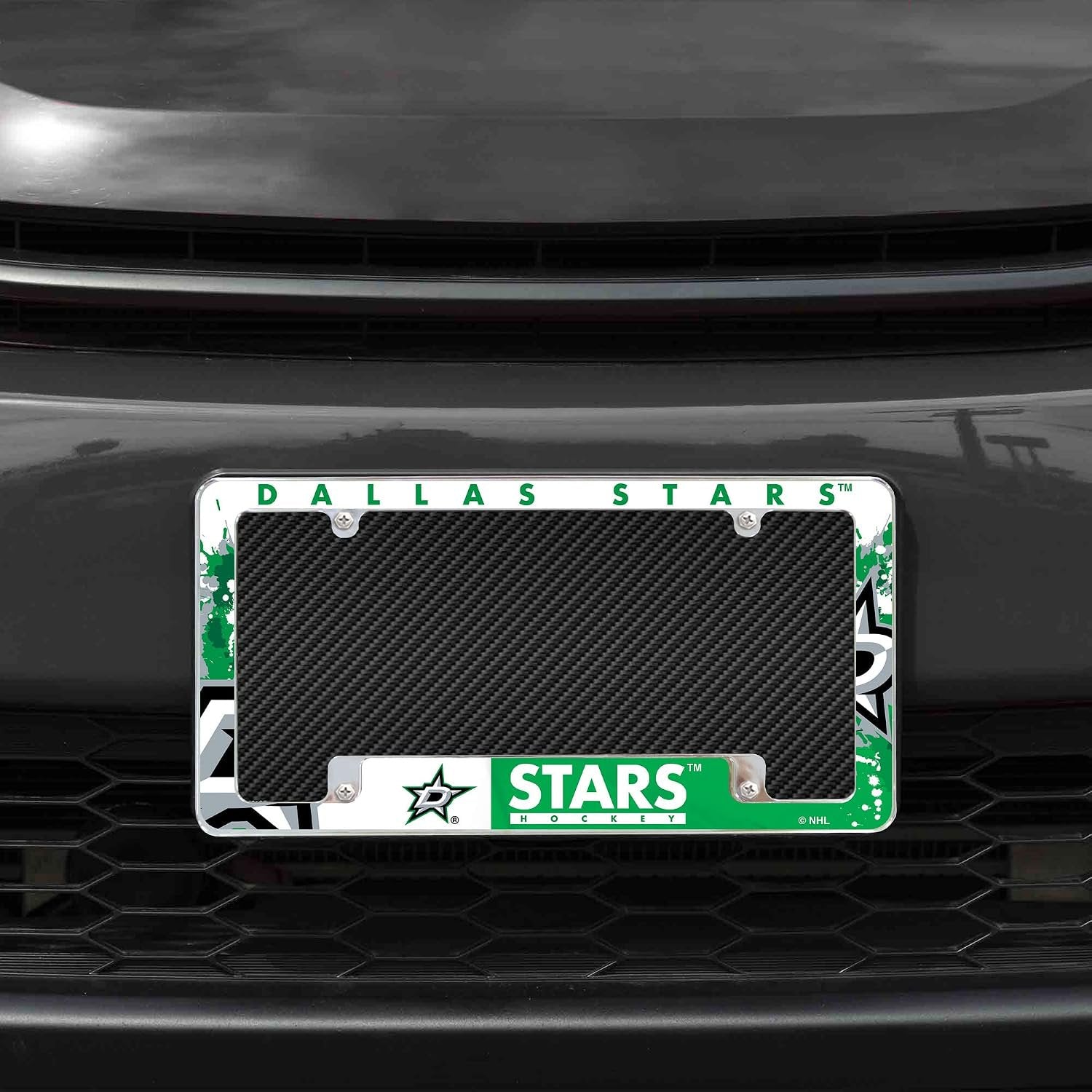 Dallas Stars Chrome Tag Cover Metal License Plate Frame, All Over Design, 12x6 Inch, Pre-Drilled Holes, Officially Licensed