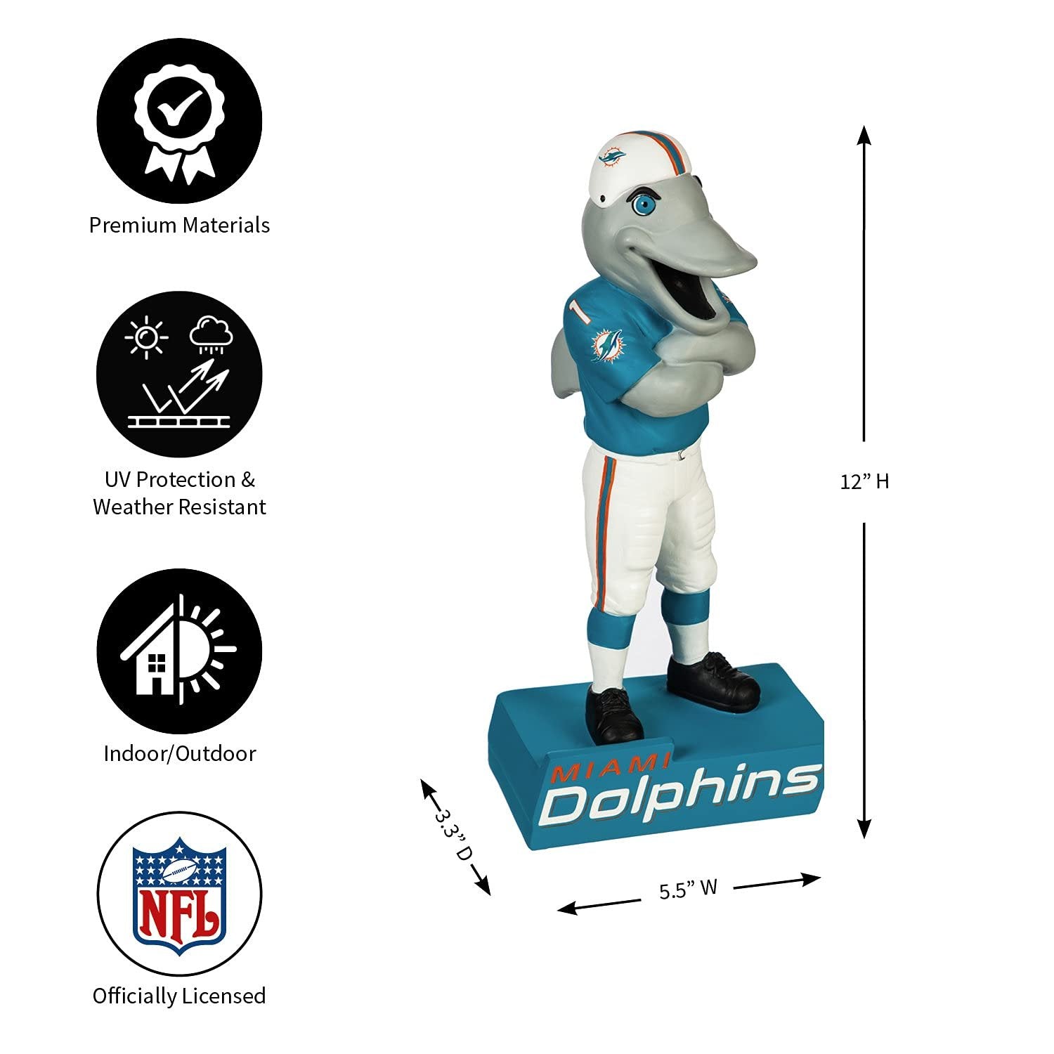 Miami Dolphins Team Mascot Garden Statue, Hand Painted Resin, 12 Inch, Indoor Outdoor Decorative Sports Mascot, Officially Licensed