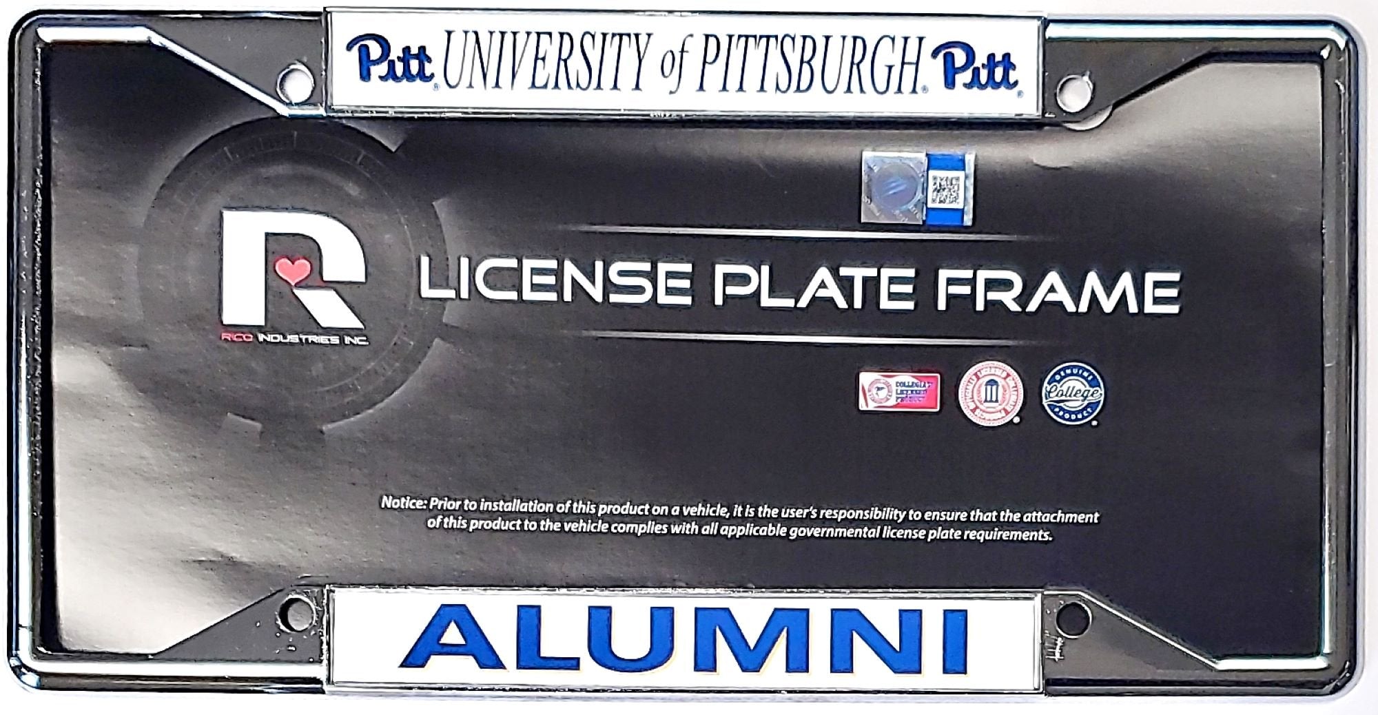 University of Pittsburgh Panthers Pitt Alumni Chrome Metal License Plate Frame Tag Cover, 6x12 Inch, Pre-Drilled Holes, Officially Licensed