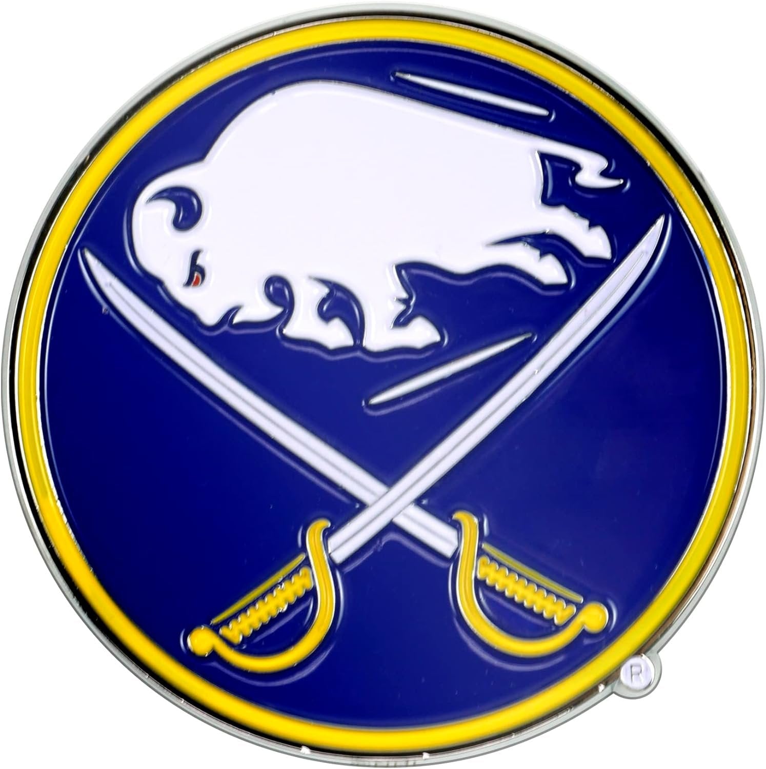 Buffalo Sabres Premium Solid Metal Color Auto Emblem, Raised Shape Cut, Adhesive Backing