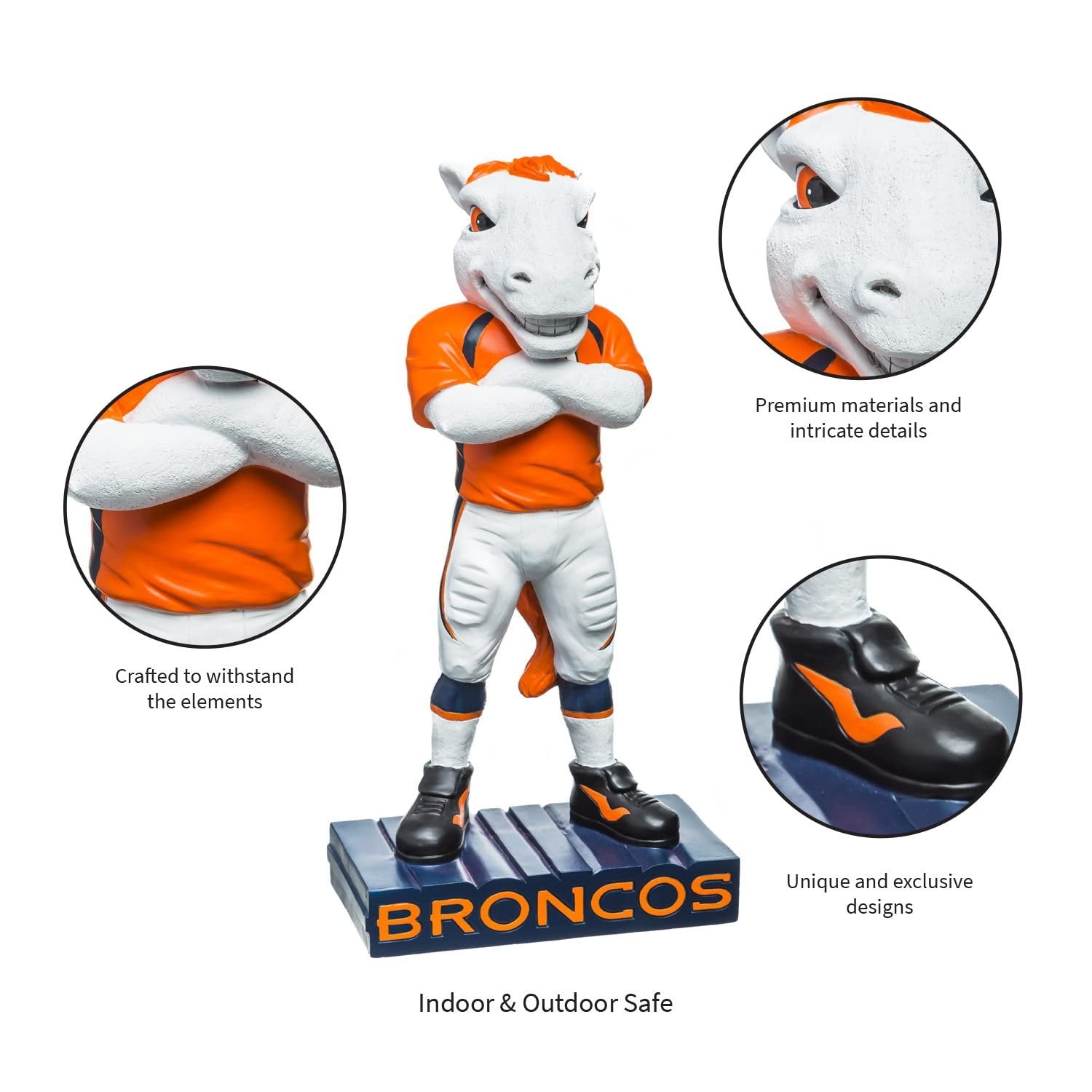 Denver Broncos Team Mascot Garden Statue, Hand Painted Resin, 12 Inch, Indoor Outdoor Decorative Sports Mascot, Officially Licensed