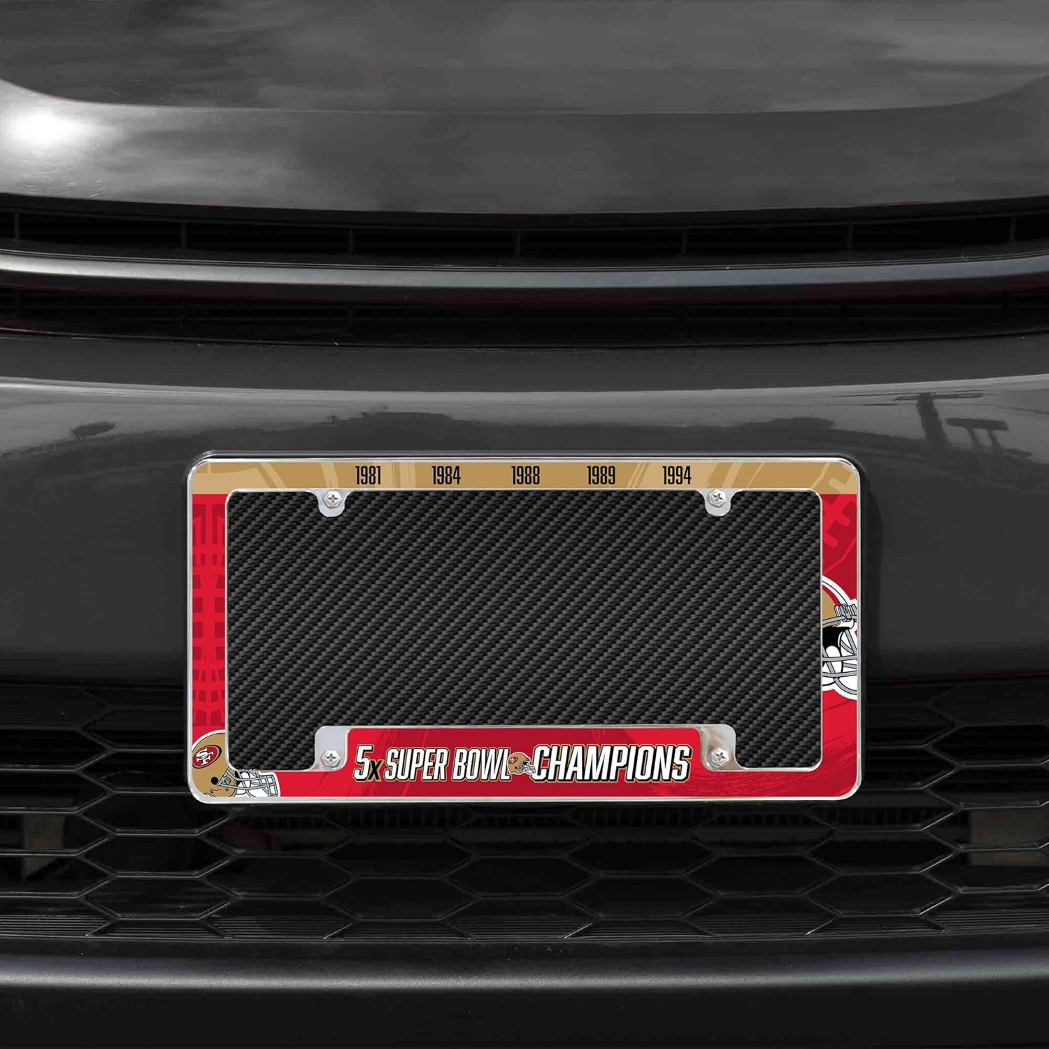 San Francisco 49ers Premium Metal License Plate Frame Tag Cover, 5-Time Champions, 12x6 inch, Pre-Drilled Holes, Officially Licensed
