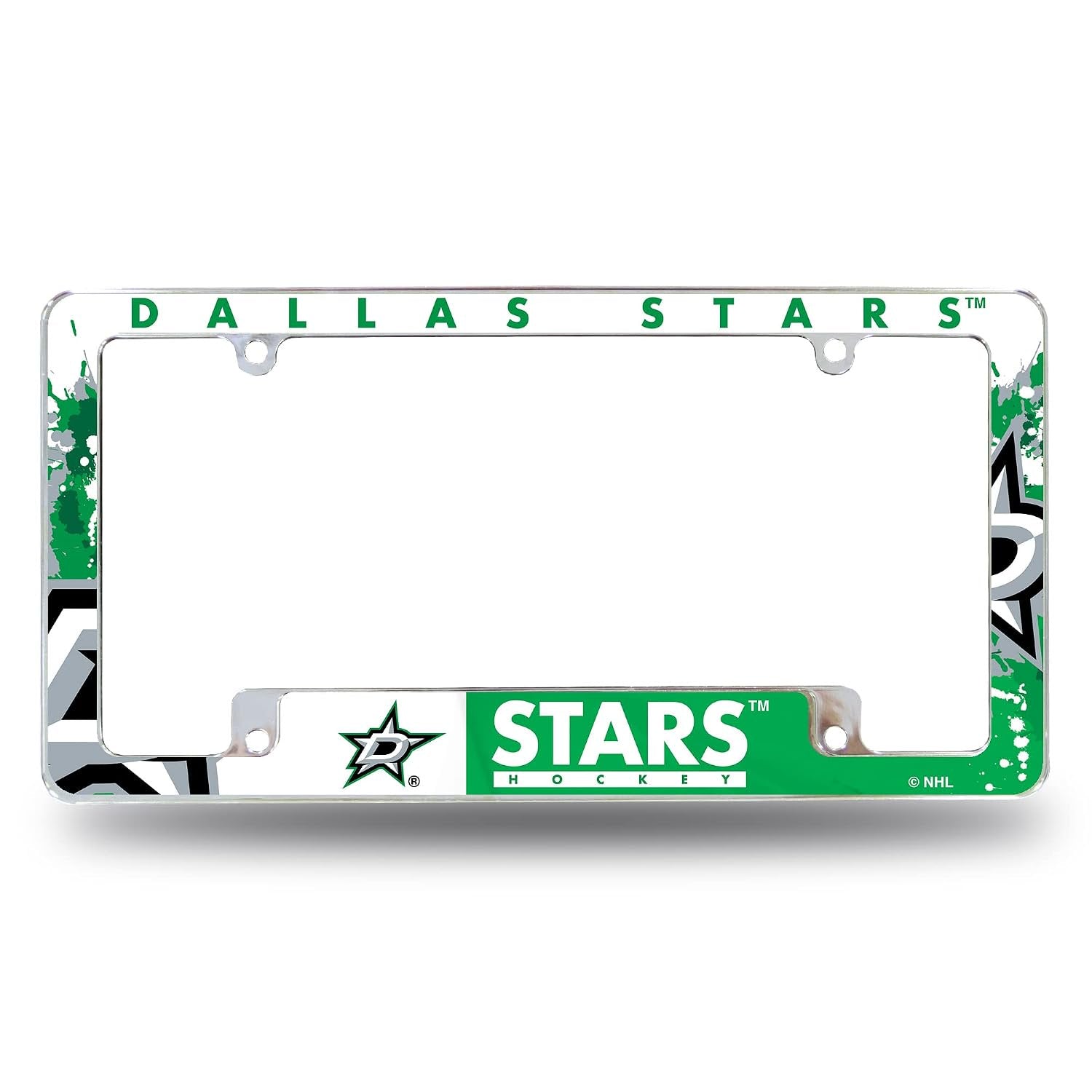 Dallas Stars Chrome Tag Cover Metal License Plate Frame, All Over Design, 12x6 Inch, Pre-Drilled Holes, Officially Licensed