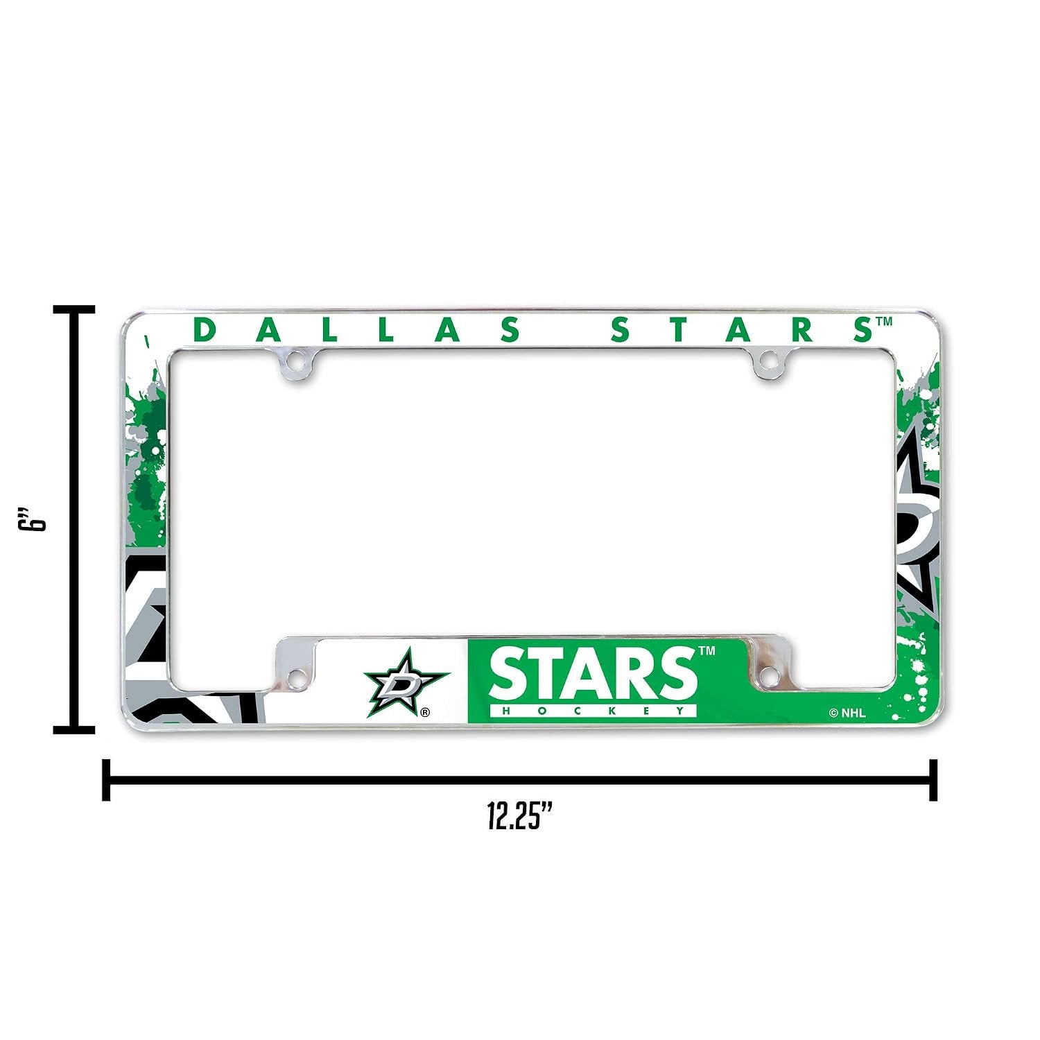 Dallas Stars Chrome Tag Cover Metal License Plate Frame, All Over Design, 12x6 Inch, Pre-Drilled Holes, Officially Licensed