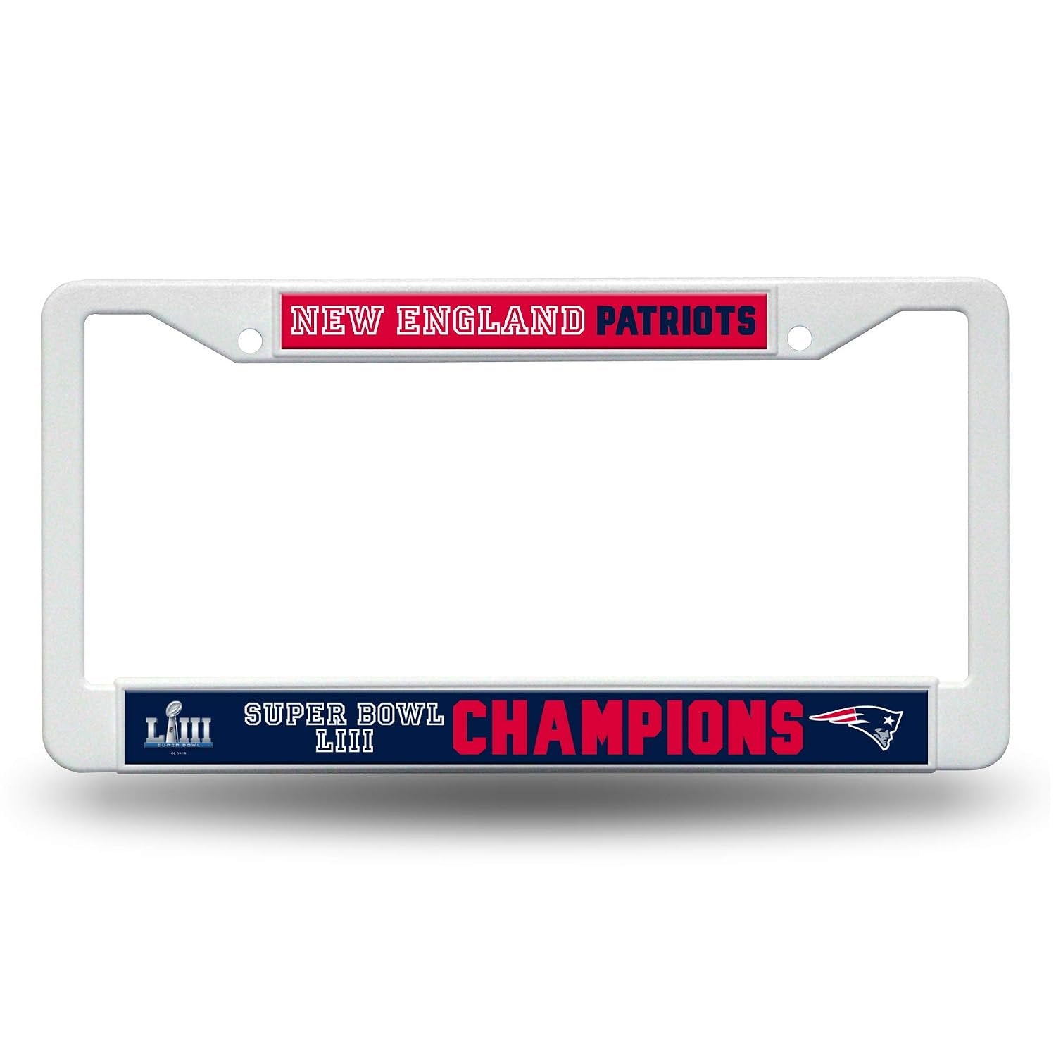 New England Patriots License Plate Frame Tag Cover, Super Bowl LIII Champions, White Plastic, 12x6 Inch, Officially Licensed