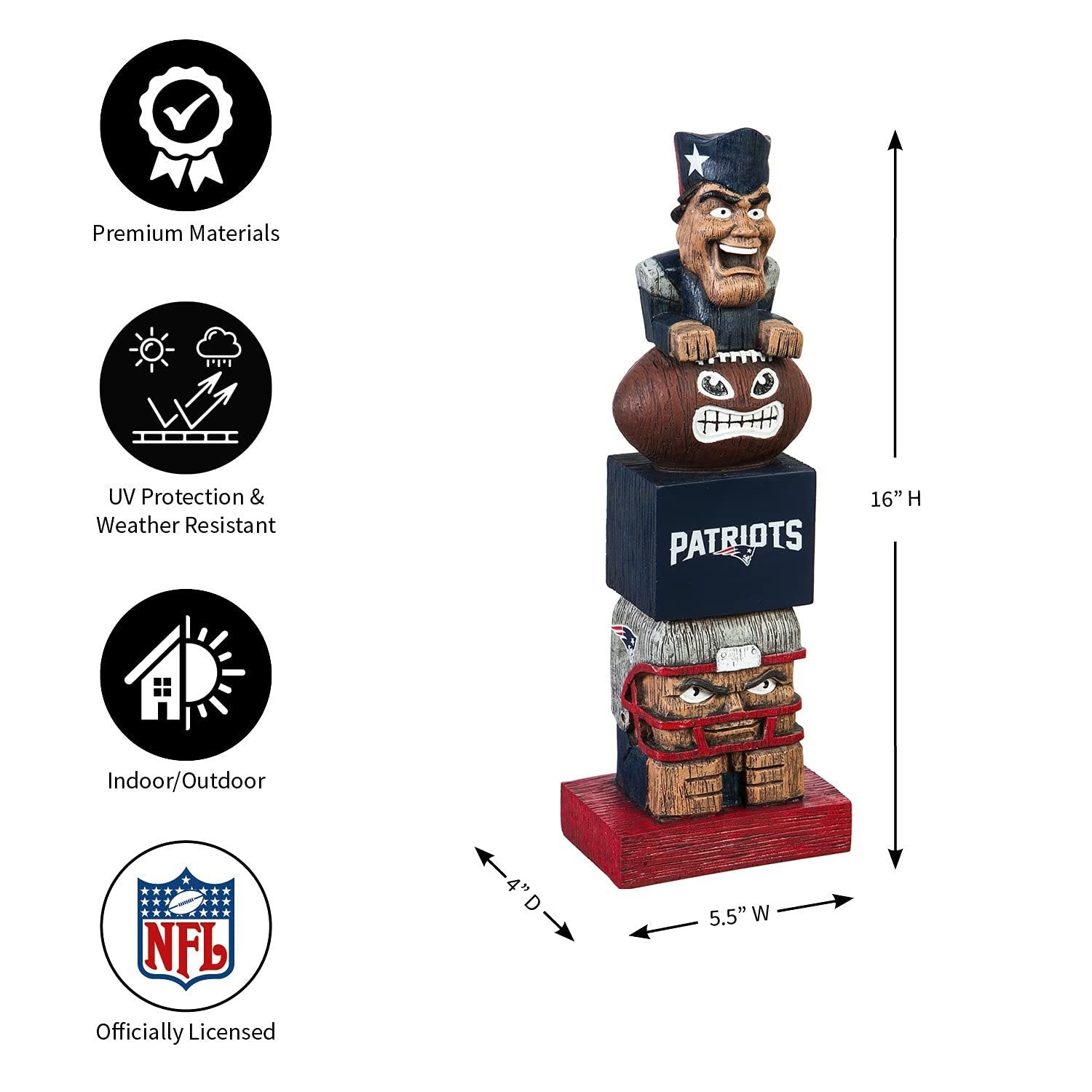New England Patriots Tiki Totem Garden Statue, Hand Painted Resin, 16 Inch, Indoor Outdoor Decor, Officially Licensed