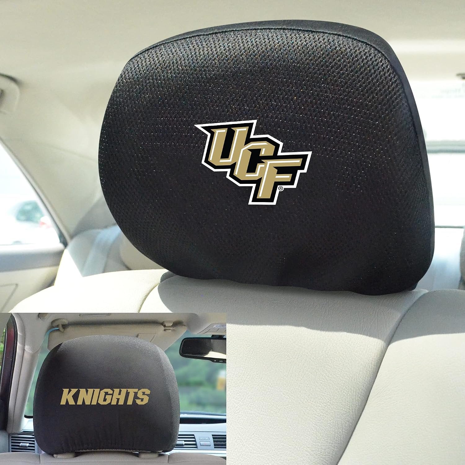 University of Central Florida UCF Knights Pair of Premium Auto Head Rest Covers, Embroidered, Black Elastic, 14x10 Inch, Officially Licensed
