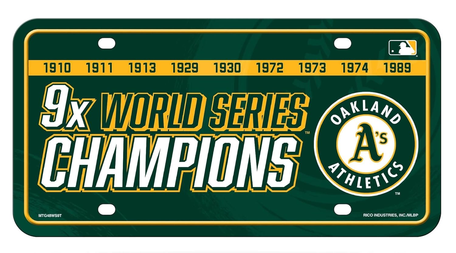 Oakland Athletics 9-Time World Series Champions Metal License Plate, 6x12 Inch, Officially Licensed