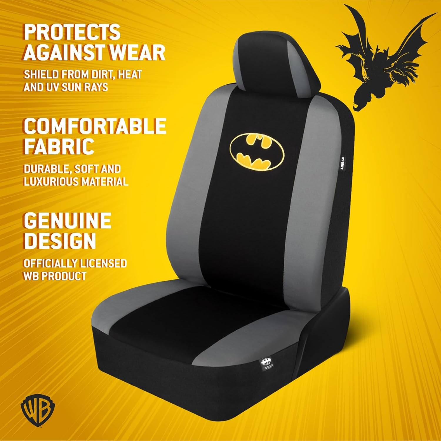 Warner Bros DC Comics Batman Car Accessories 9pc Set, Universal Fit Car Seat Covers and Head Rests with Side Airbag Compatibility, Front & Rear Seats, Officially Licensed