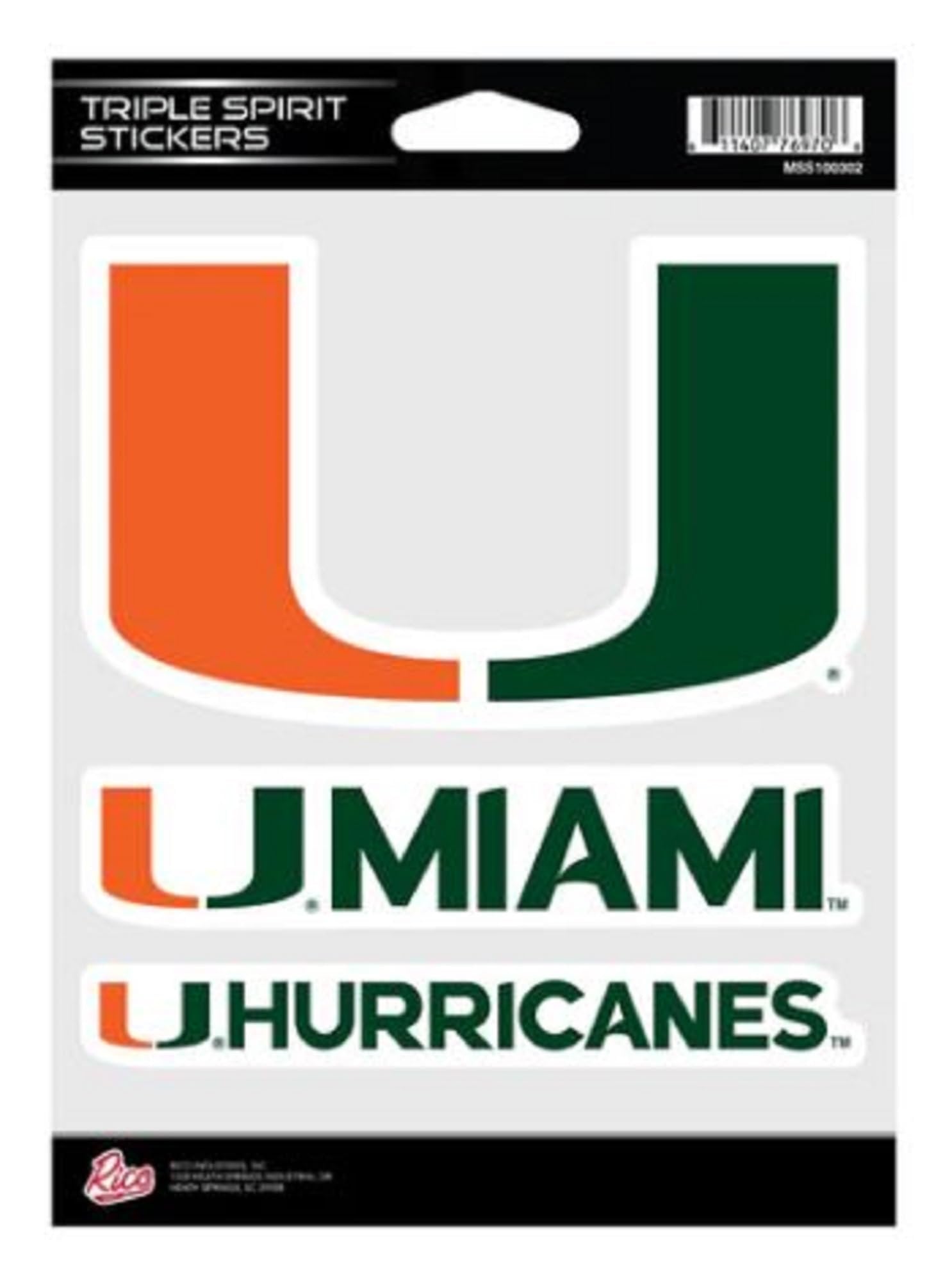 University of Miami Hurricanes Multi Sticker Triple Decal Sheet, 3 Decals, 5x7 Inch, Flat Vinyl, Officially Licensed